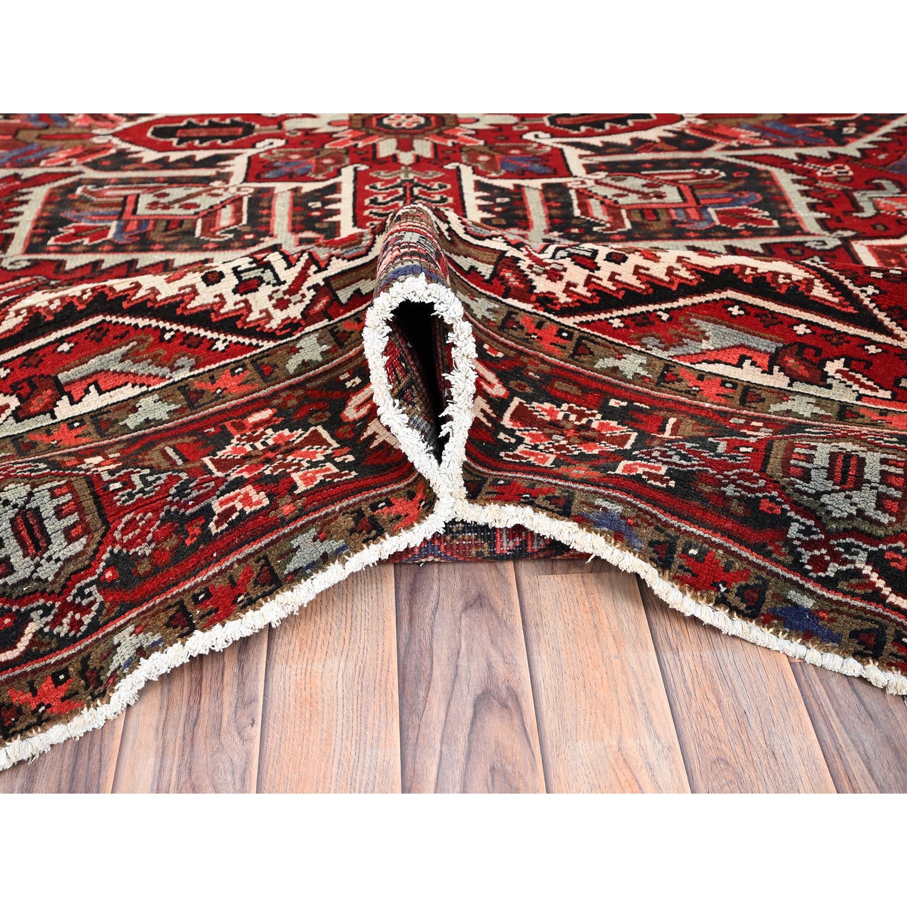 7'9"x10'10" Ajax Red, Pure Wool, Hand Knotted, Vintage Bohemian Persian Heriz, Large Geometric Medallion, Good Condition, Rustic Look, Sides and Ends Professionally Secured, Cleaned, Oriental Rug Sh85339