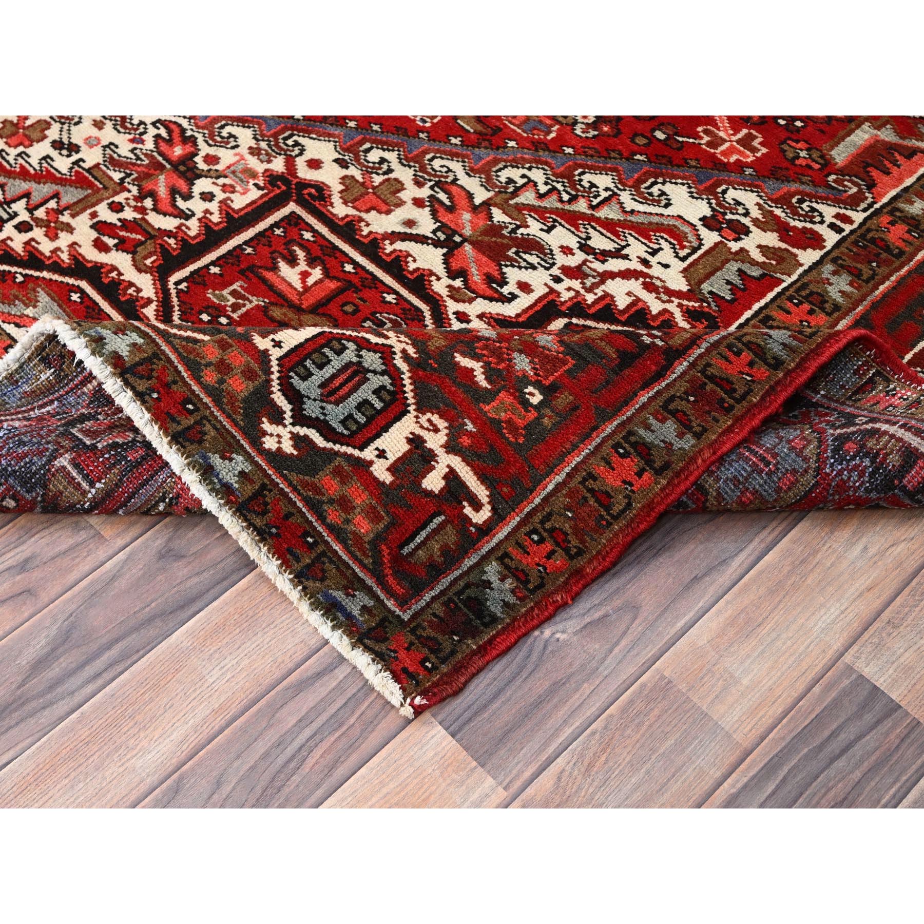 7'9"x10'10" Ajax Red, Pure Wool, Hand Knotted, Vintage Bohemian Persian Heriz, Large Geometric Medallion, Good Condition, Rustic Look, Sides and Ends Professionally Secured, Cleaned, Oriental Rug Sh85339