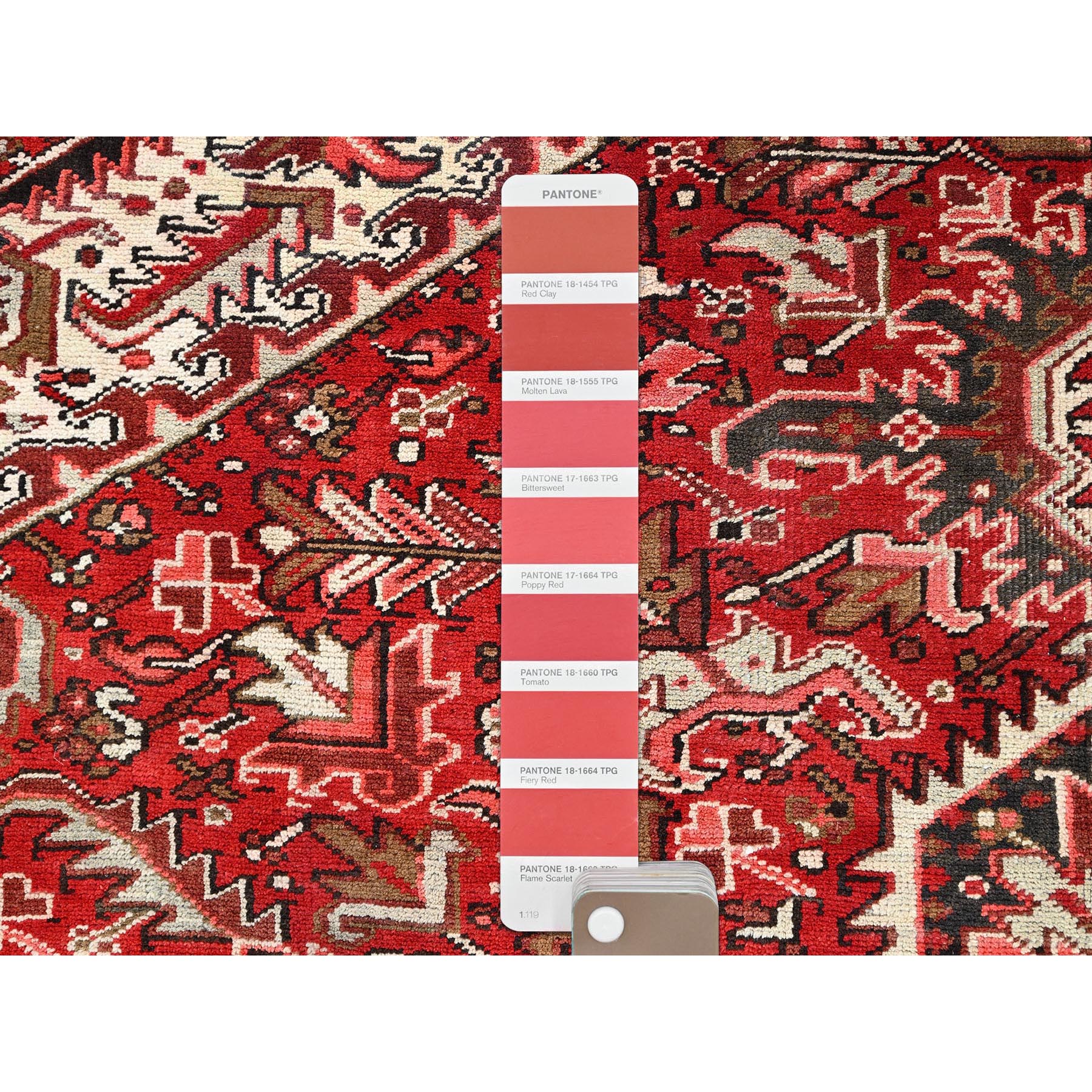 7'9"x10'10" Ajax Red, Pure Wool, Hand Knotted, Vintage Bohemian Persian Heriz, Large Geometric Medallion, Good Condition, Rustic Look, Sides and Ends Professionally Secured, Cleaned, Oriental Rug Sh85339