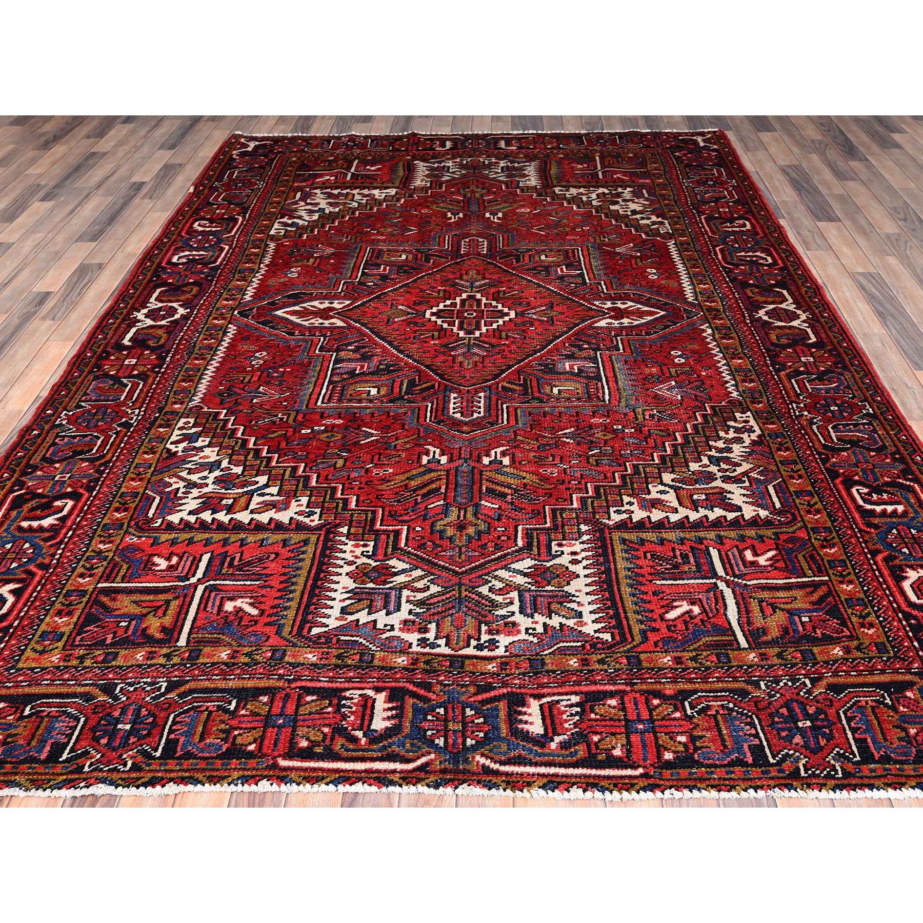 7'8"x11' Carmine Red, Semi Antique Bohemian Persian Heriz, Good Condition, Distressed Feel, Evenly Worn, Pure Wool, Hand Knotted, Sides and Ends Professionally Secured, Cleaned, Oriental Rug Sh85356