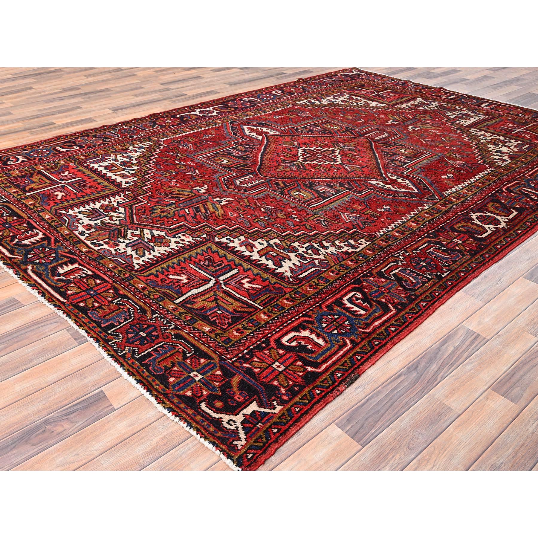 7'8"x11' Carmine Red, Semi Antique Bohemian Persian Heriz, Good Condition, Distressed Feel, Evenly Worn, Pure Wool, Hand Knotted, Sides and Ends Professionally Secured, Cleaned, Oriental Rug Sh85356