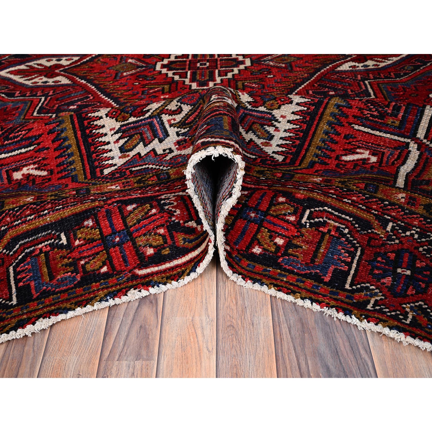 7'8"x11' Carmine Red, Semi Antique Bohemian Persian Heriz, Good Condition, Distressed Feel, Evenly Worn, Pure Wool, Hand Knotted, Sides and Ends Professionally Secured, Cleaned, Oriental Rug Sh85356