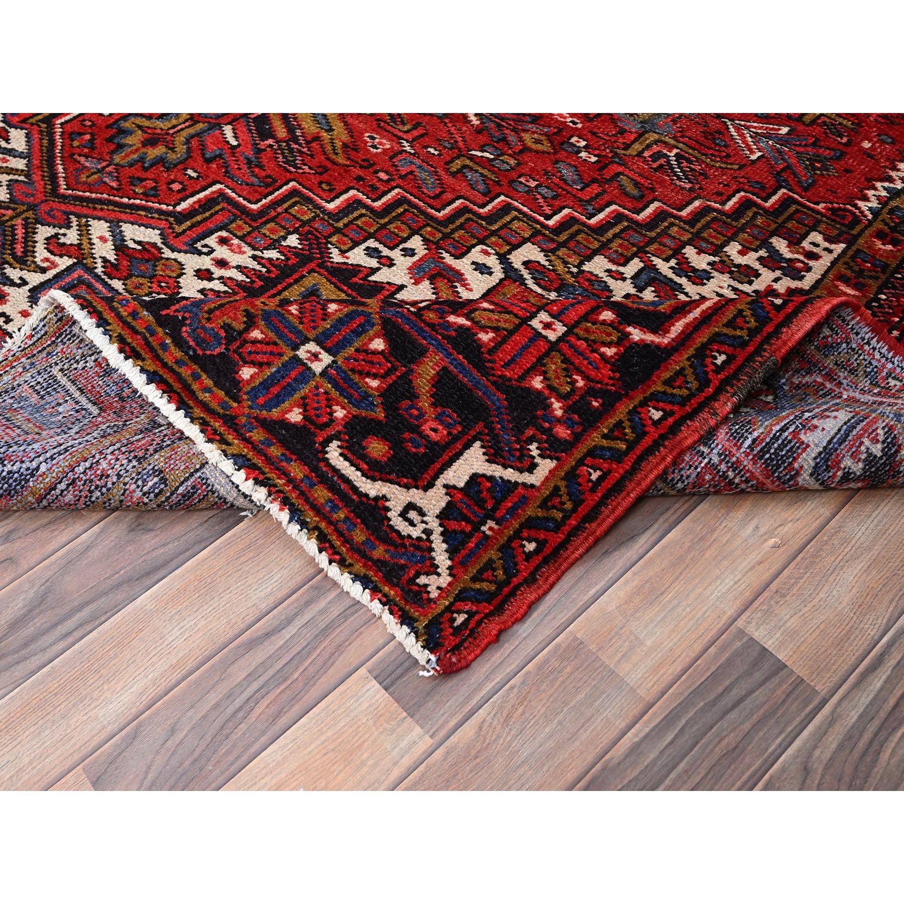7'8"x11' Carmine Red, Semi Antique Bohemian Persian Heriz, Good Condition, Distressed Feel, Evenly Worn, Pure Wool, Hand Knotted, Sides and Ends Professionally Secured, Cleaned, Oriental Rug Sh85356