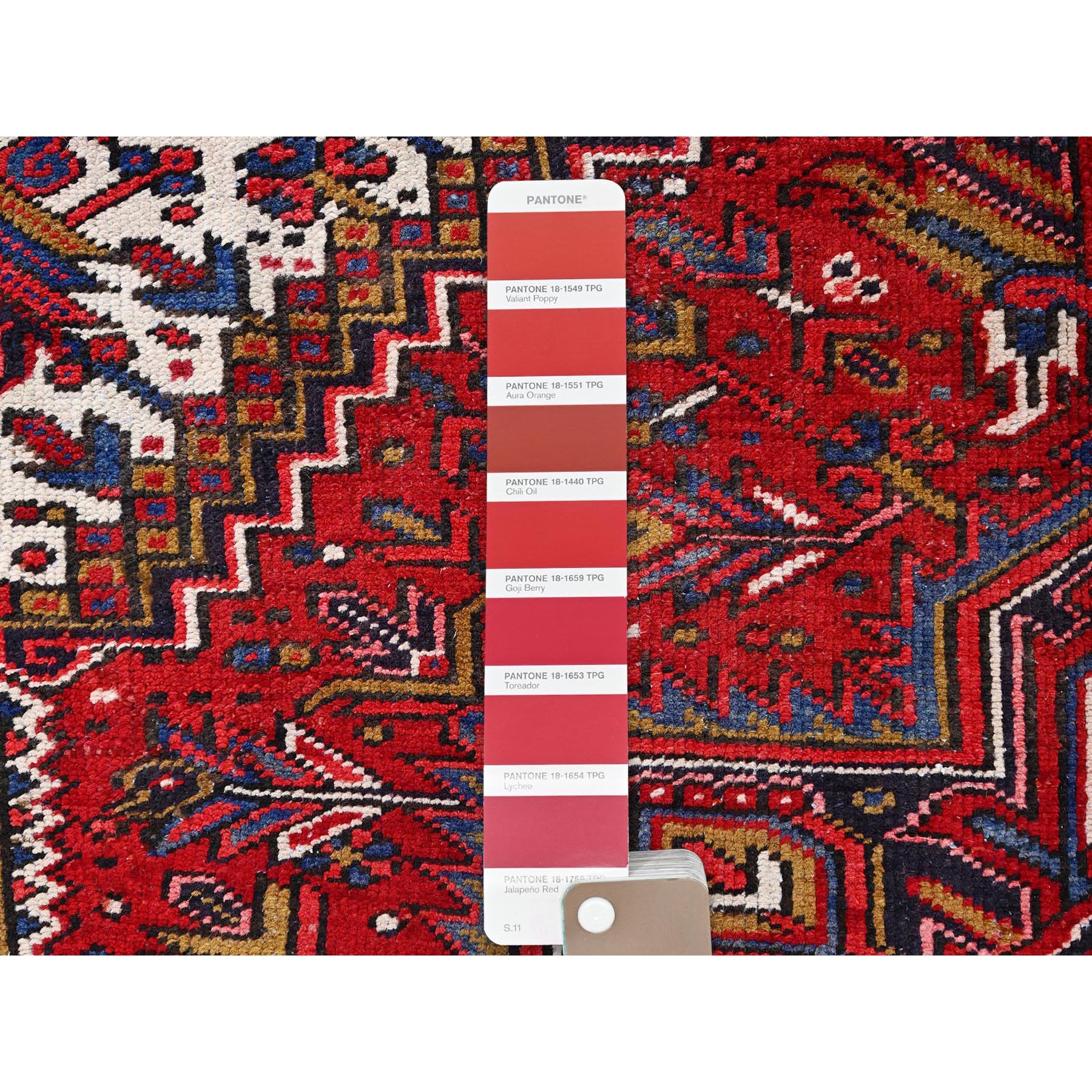 7'8"x11' Carmine Red, Semi Antique Bohemian Persian Heriz, Good Condition, Distressed Feel, Evenly Worn, Pure Wool, Hand Knotted, Sides and Ends Professionally Secured, Cleaned, Oriental Rug Sh85356