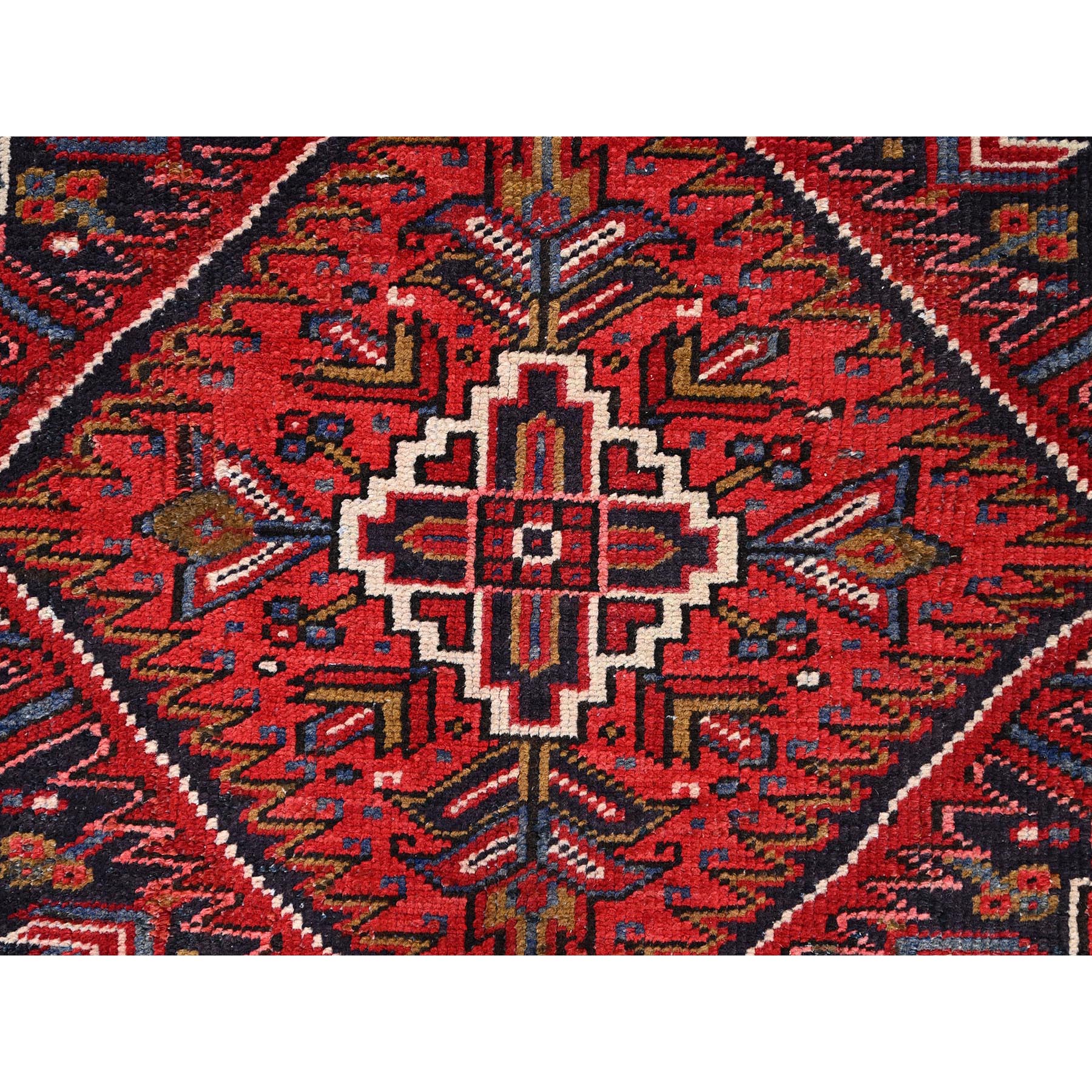 7'8"x11' Carmine Red, Semi Antique Bohemian Persian Heriz, Good Condition, Distressed Feel, Evenly Worn, Pure Wool, Hand Knotted, Sides and Ends Professionally Secured, Cleaned, Oriental Rug Sh85356