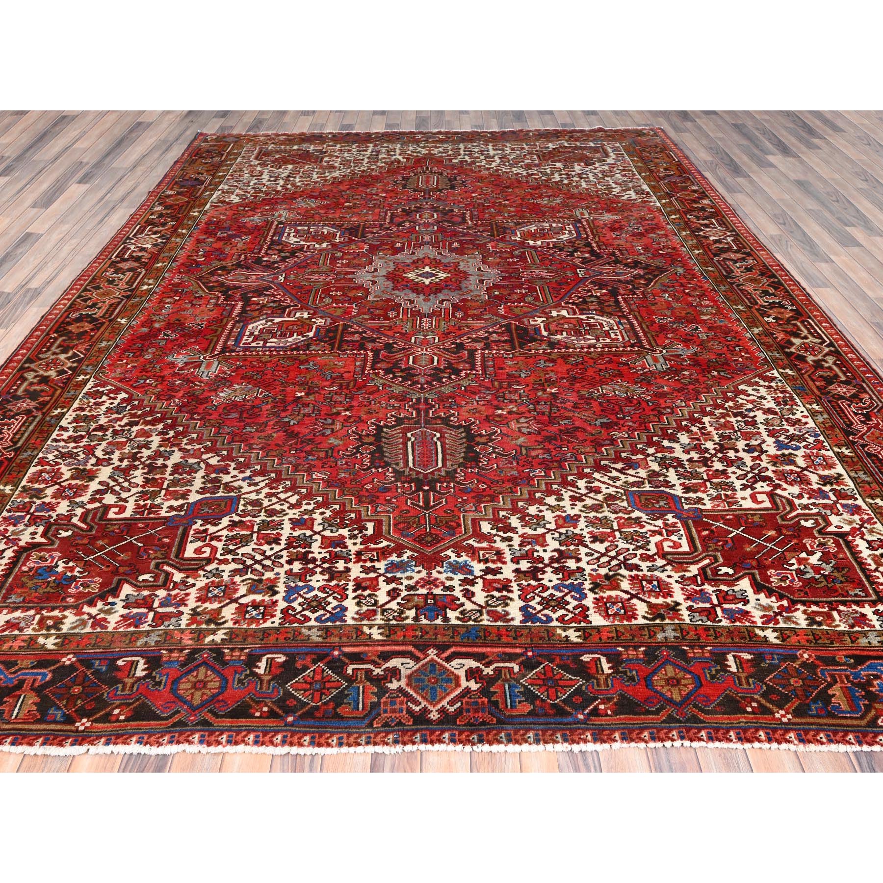 9'8"x12'9" Imperial Red with Ivory Corners, Pure Wool, Hand Knotted, Semi Antique Bohemian Persian Heriz, Good Condition, Rustic Feel, Sides and Ends Professionally Secured, Cleaned, Oriental Rug Sh85365
