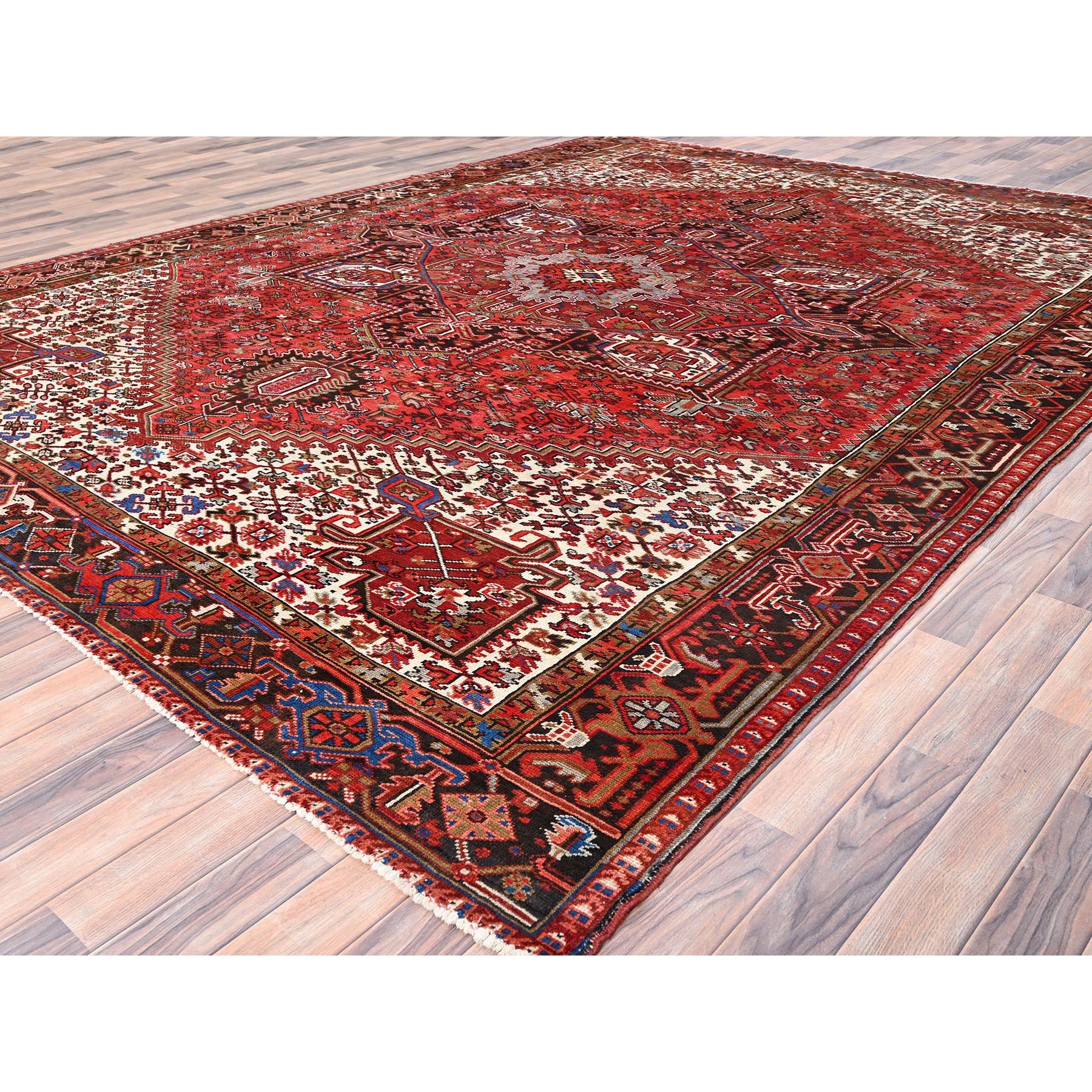 9'8"x12'9" Imperial Red with Ivory Corners, Pure Wool, Hand Knotted, Semi Antique Bohemian Persian Heriz, Good Condition, Rustic Feel, Sides and Ends Professionally Secured, Cleaned, Oriental Rug Sh85365