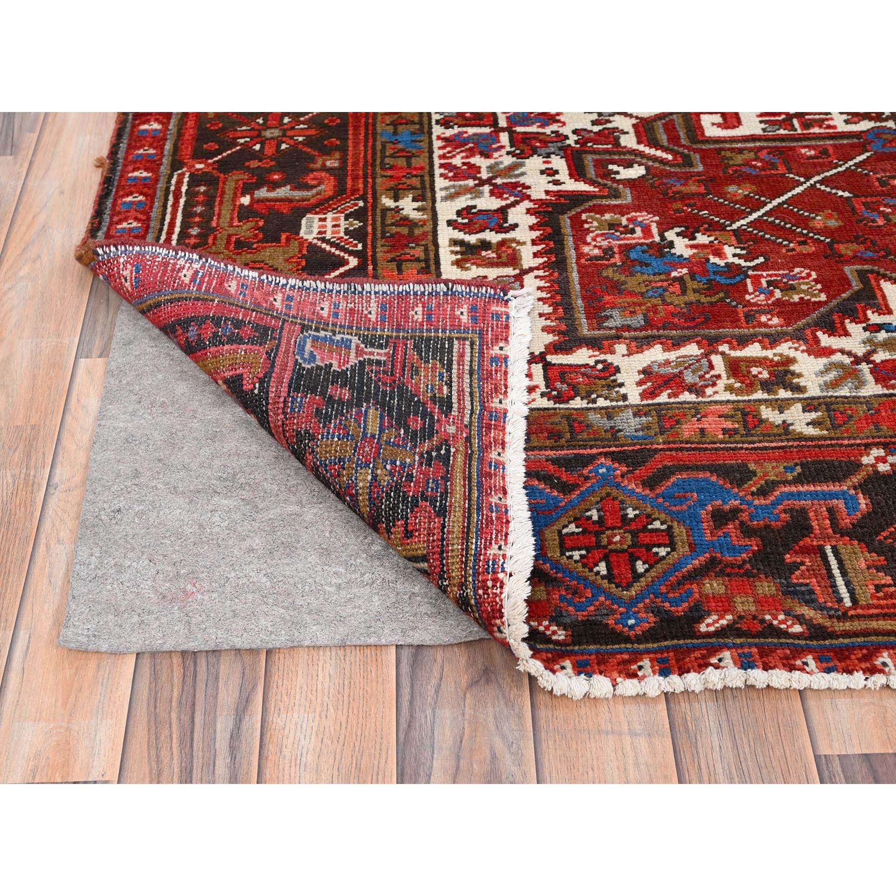 9'8"x12'9" Imperial Red with Ivory Corners, Pure Wool, Hand Knotted, Semi Antique Bohemian Persian Heriz, Good Condition, Rustic Feel, Sides and Ends Professionally Secured, Cleaned, Oriental Rug Sh85365