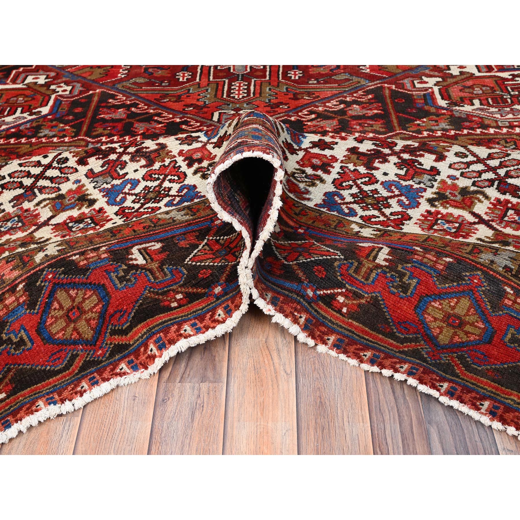 9'8"x12'9" Imperial Red with Ivory Corners, Pure Wool, Hand Knotted, Semi Antique Bohemian Persian Heriz, Good Condition, Rustic Feel, Sides and Ends Professionally Secured, Cleaned, Oriental Rug Sh85365