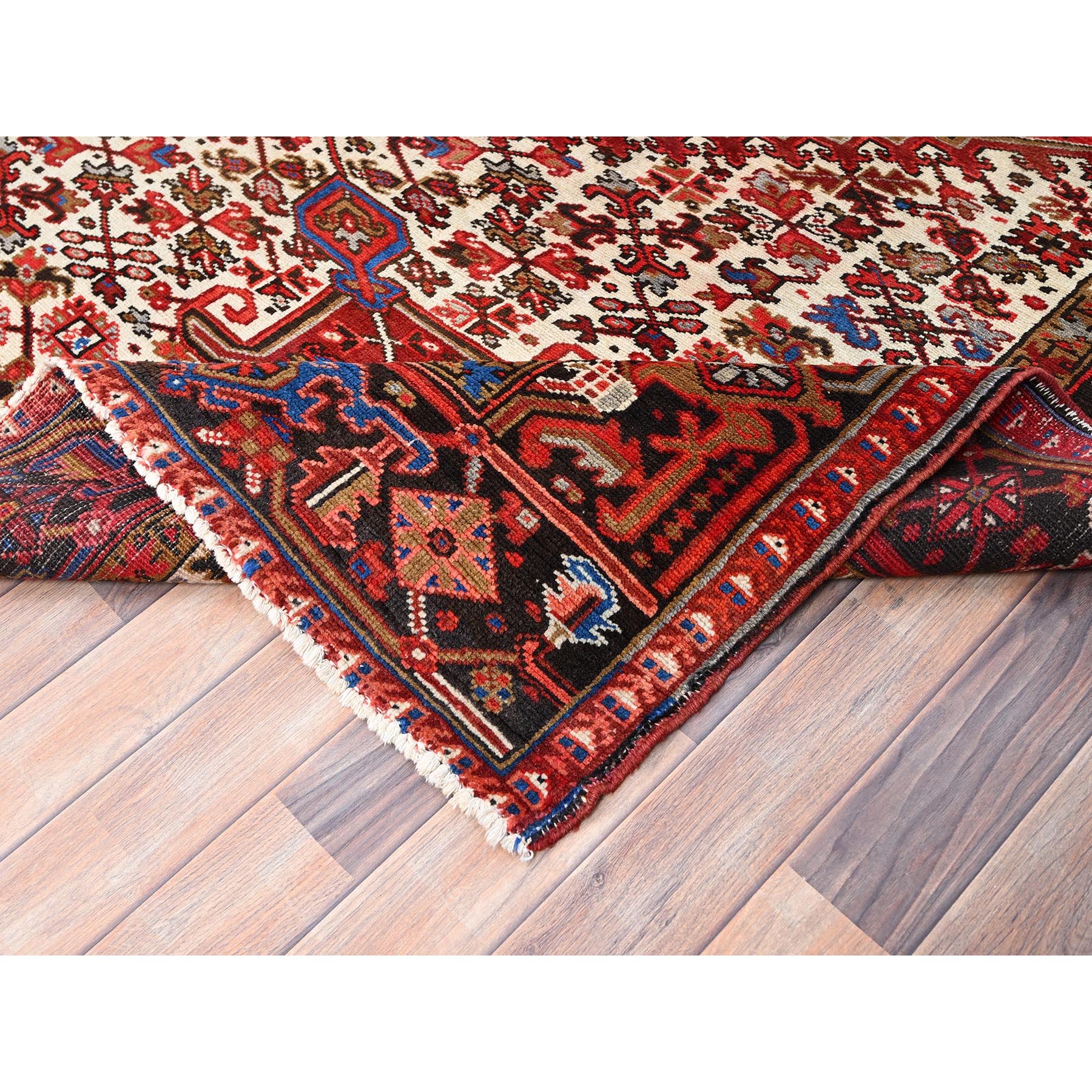 9'8"x12'9" Imperial Red with Ivory Corners, Pure Wool, Hand Knotted, Semi Antique Bohemian Persian Heriz, Good Condition, Rustic Feel, Sides and Ends Professionally Secured, Cleaned, Oriental Rug Sh85365