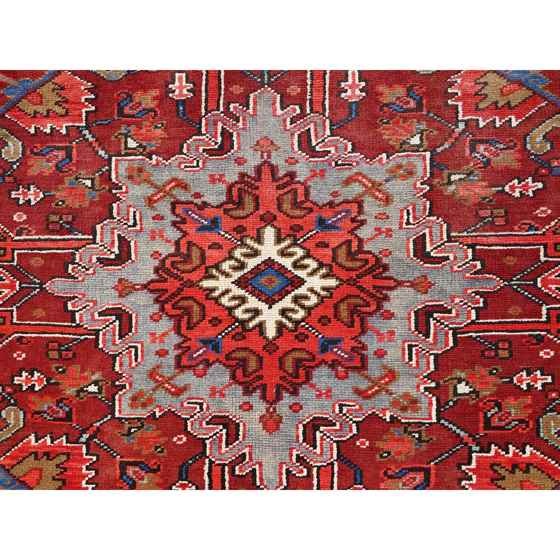 9'8"x12'9" Imperial Red with Ivory Corners, Pure Wool, Hand Knotted, Semi Antique Bohemian Persian Heriz, Good Condition, Rustic Feel, Sides and Ends Professionally Secured, Cleaned, Oriental Rug Sh85365