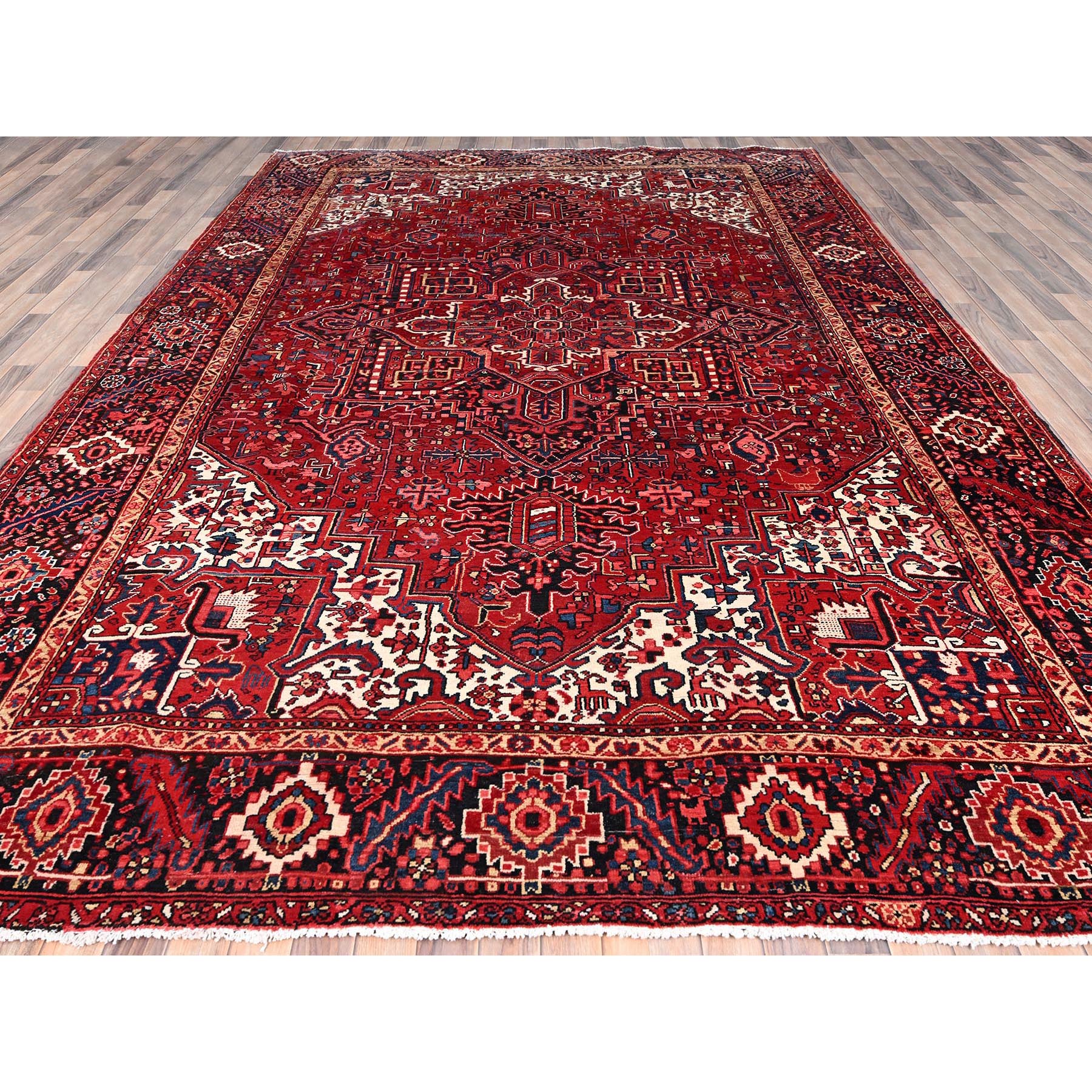 9'6"x13'6" Cardinals Red, Pure Wool, Hand Knotted, Semi Antique Bohemian Persian Heriz, Good Condition, Distressed Look, Sides and Ends Professionally Secured, Cleaned, Oriental Rug Sh85370