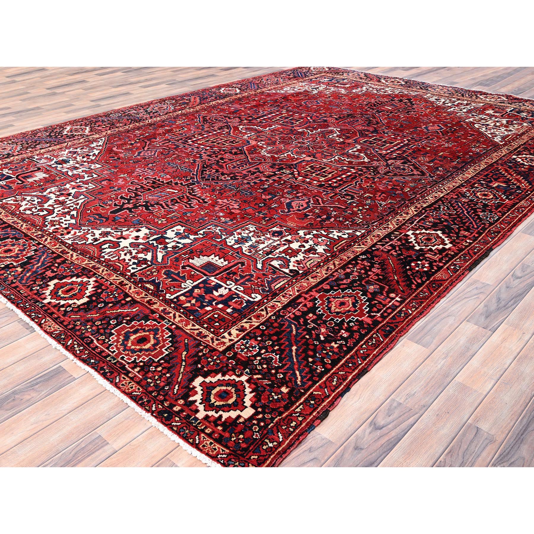 9'6"x13'6" Cardinals Red, Pure Wool, Hand Knotted, Semi Antique Bohemian Persian Heriz, Good Condition, Distressed Look, Sides and Ends Professionally Secured, Cleaned, Oriental Rug Sh85370