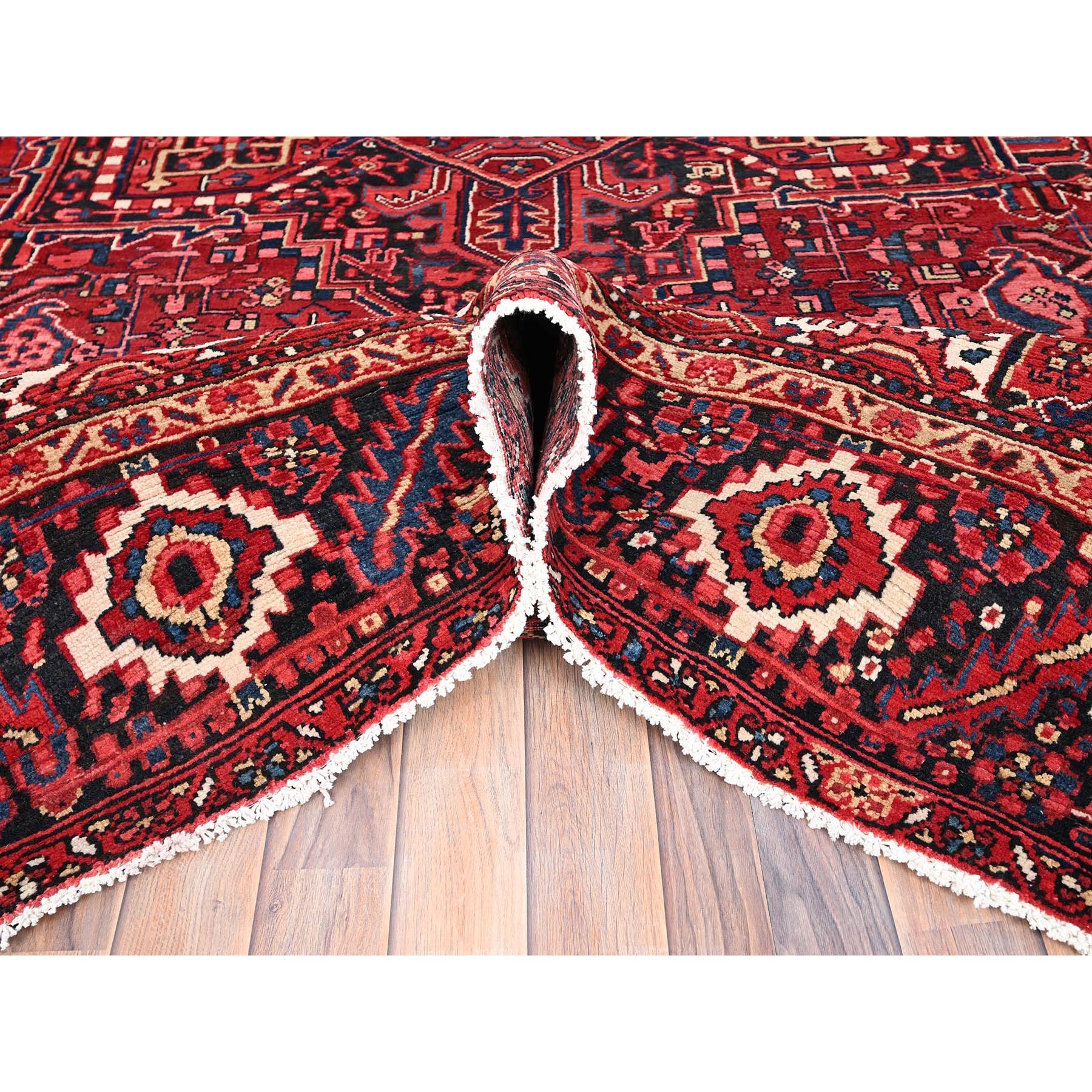 9'6"x13'6" Cardinals Red, Pure Wool, Hand Knotted, Semi Antique Bohemian Persian Heriz, Good Condition, Distressed Look, Sides and Ends Professionally Secured, Cleaned, Oriental Rug Sh85370