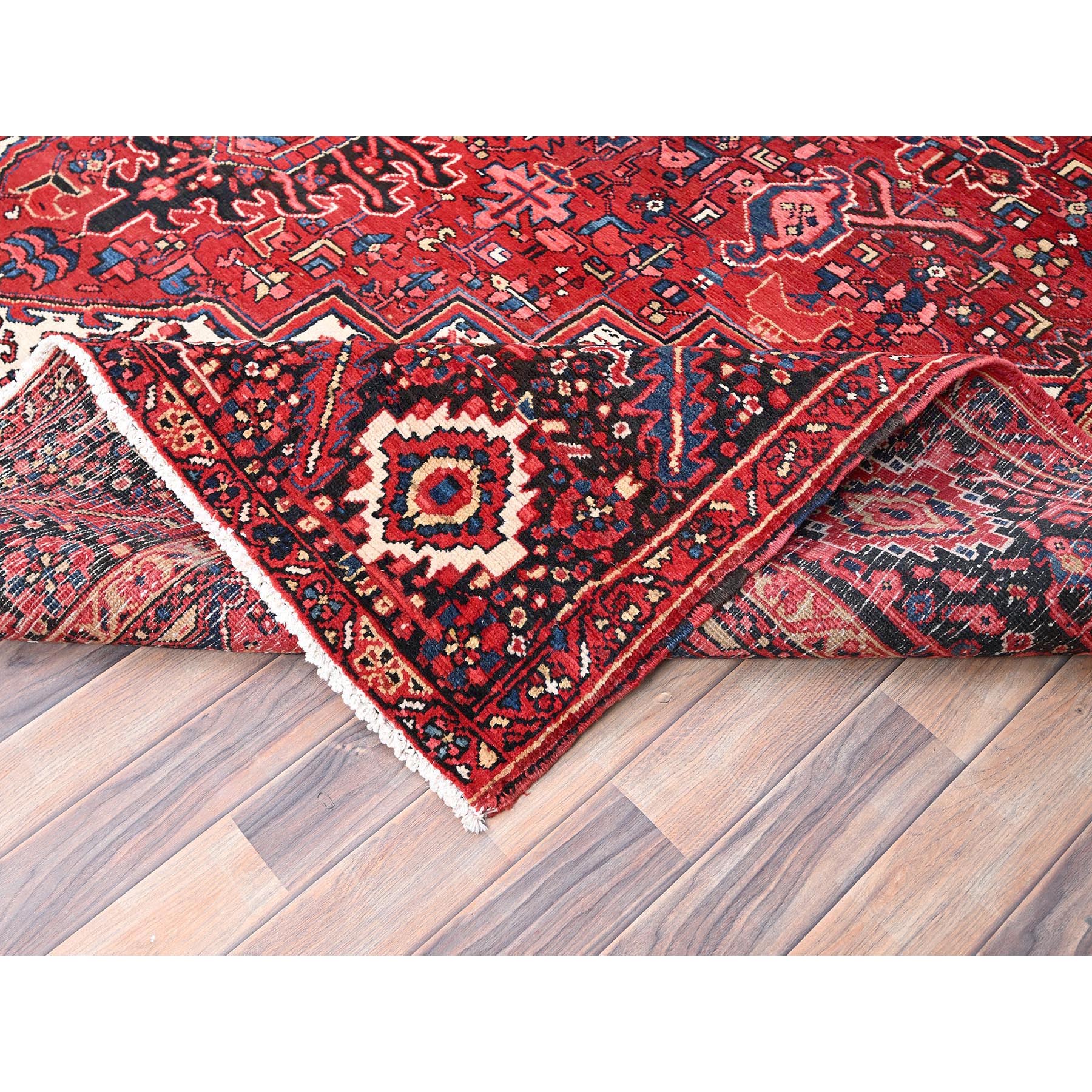 9'6"x13'6" Cardinals Red, Pure Wool, Hand Knotted, Semi Antique Bohemian Persian Heriz, Good Condition, Distressed Look, Sides and Ends Professionally Secured, Cleaned, Oriental Rug Sh85370