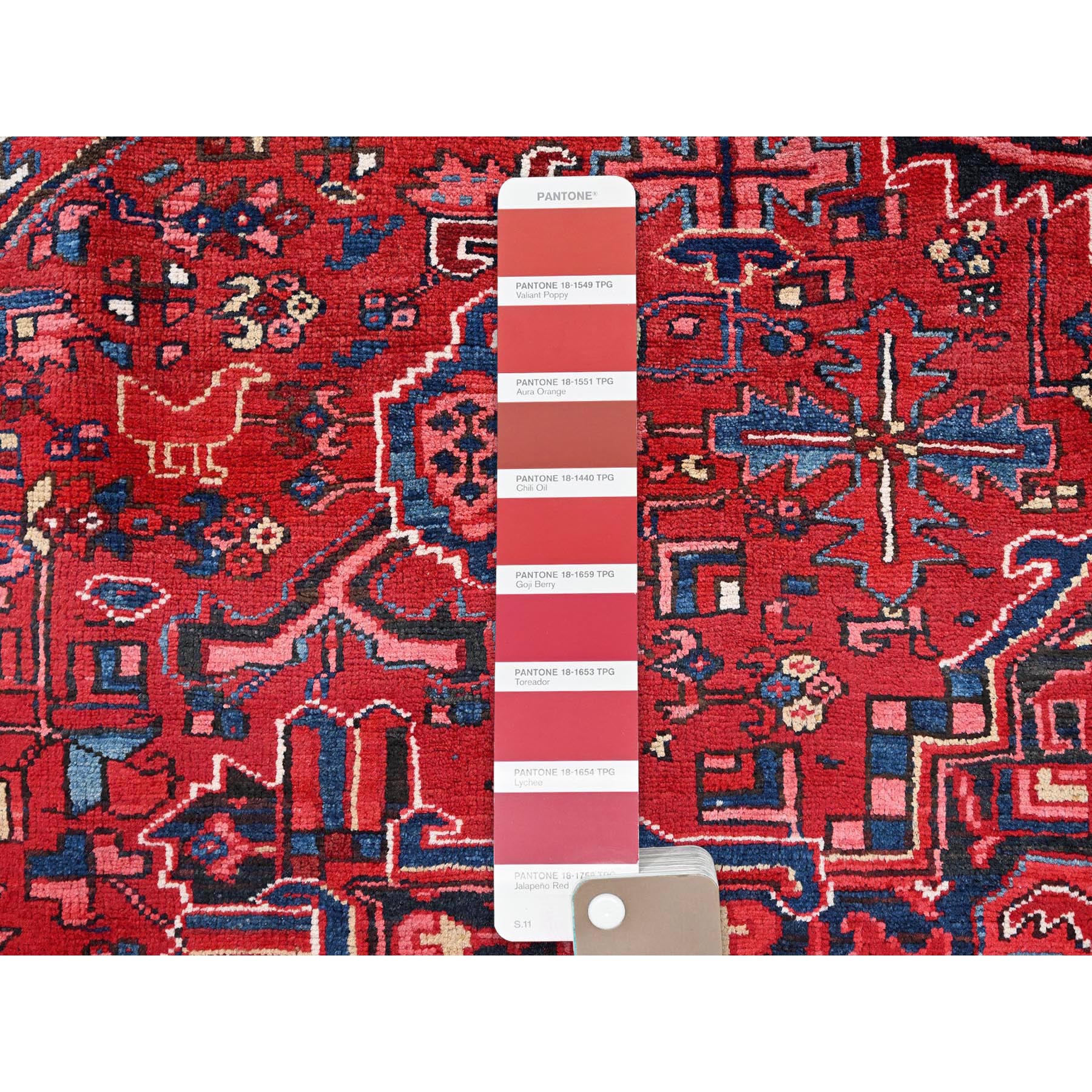 9'6"x13'6" Cardinals Red, Pure Wool, Hand Knotted, Semi Antique Bohemian Persian Heriz, Good Condition, Distressed Look, Sides and Ends Professionally Secured, Cleaned, Oriental Rug Sh85370