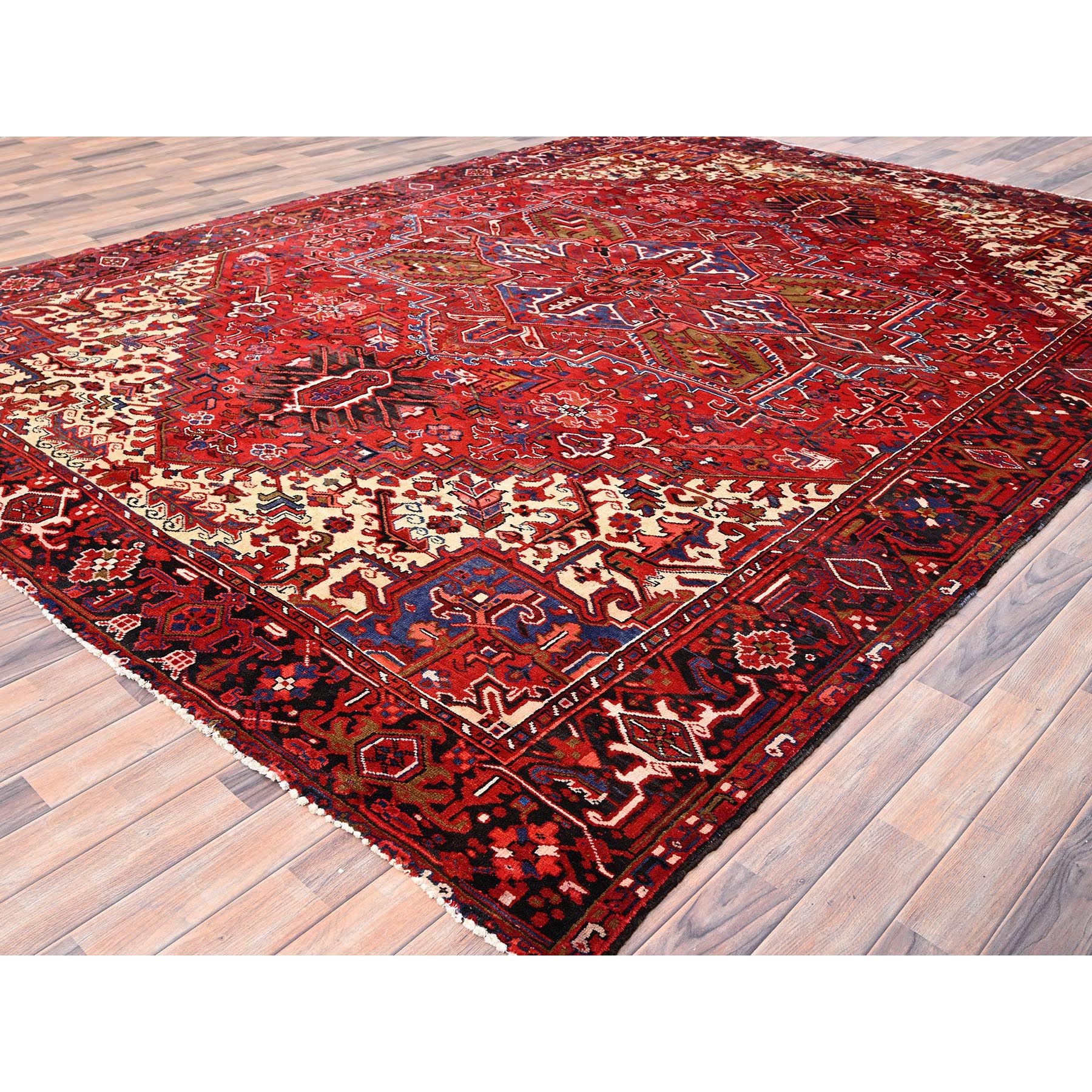 9'4"x12'5" Cardinals Red, Rustic Look, Pure Wool, Hand Knotted, Semi Antique Bohemian Persian Heriz, Good Condition, Sides and Ends Professionally Secured, Cleaned, Oriental Rug Sh85371
