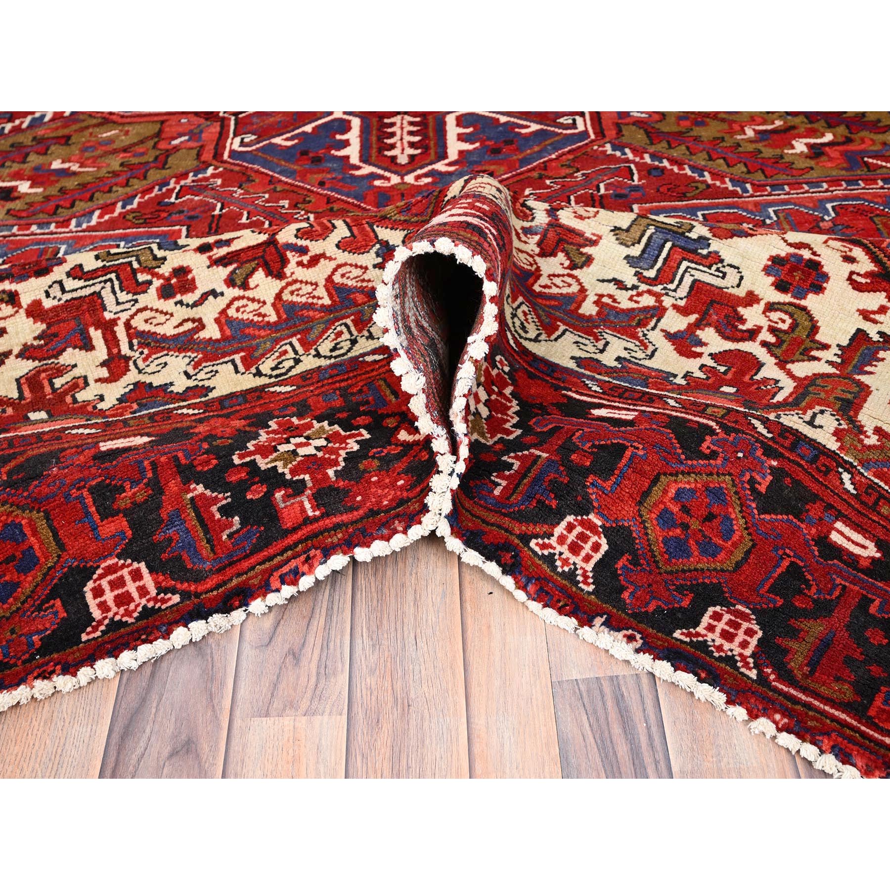 9'4"x12'5" Cardinals Red, Rustic Look, Pure Wool, Hand Knotted, Semi Antique Bohemian Persian Heriz, Good Condition, Sides and Ends Professionally Secured, Cleaned, Oriental Rug Sh85371
