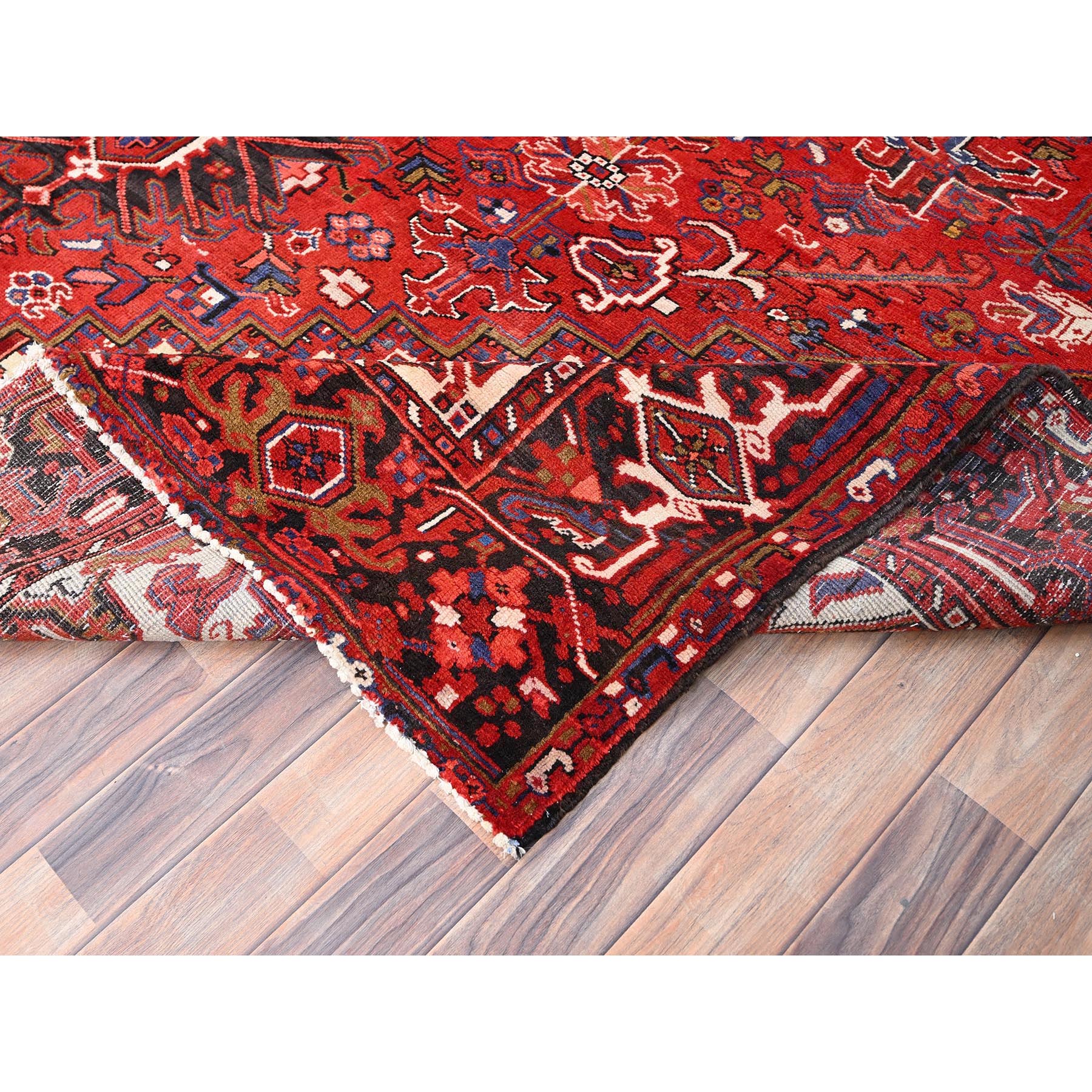 9'4"x12'5" Cardinals Red, Rustic Look, Pure Wool, Hand Knotted, Semi Antique Bohemian Persian Heriz, Good Condition, Sides and Ends Professionally Secured, Cleaned, Oriental Rug Sh85371