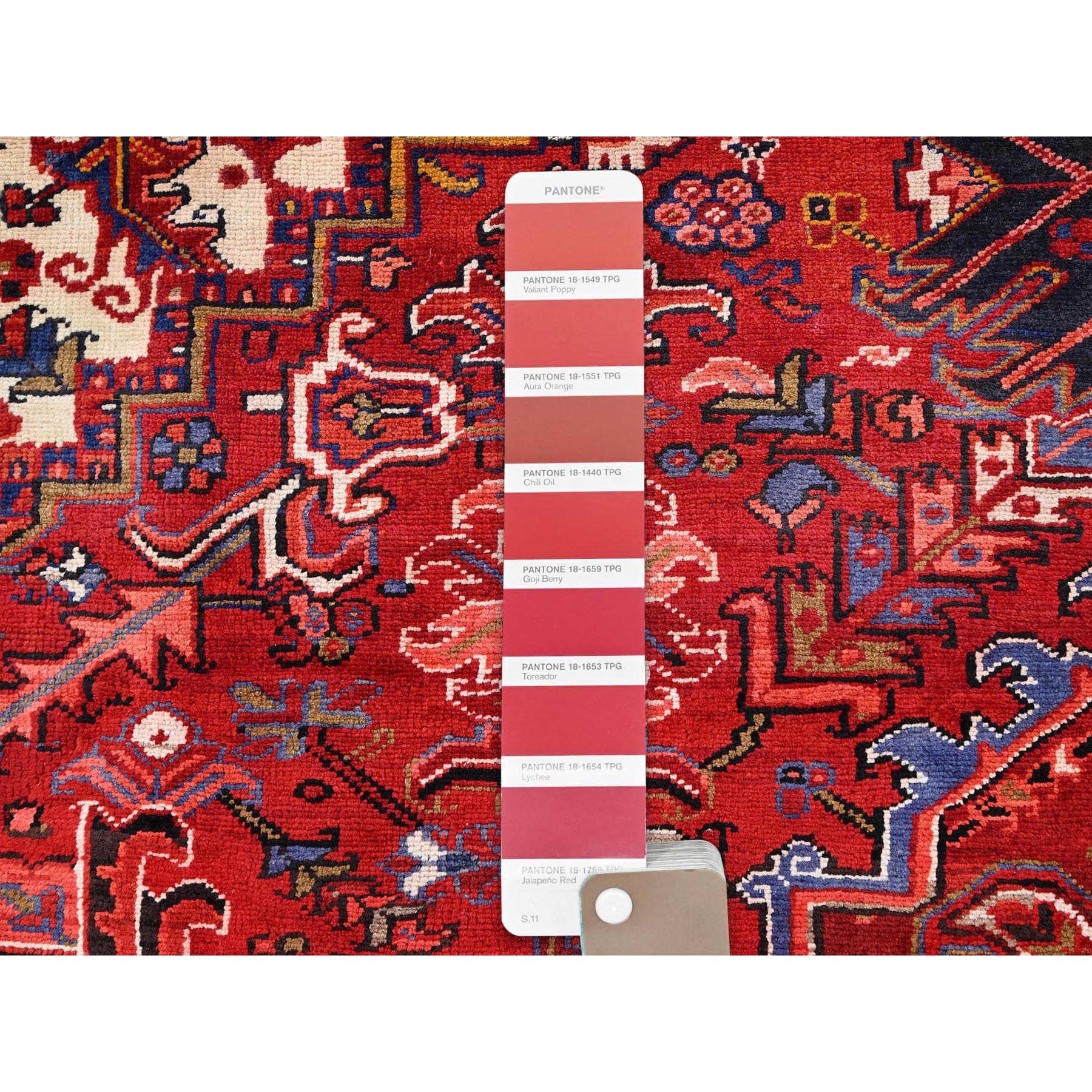 9'4"x12'5" Cardinals Red, Rustic Look, Pure Wool, Hand Knotted, Semi Antique Bohemian Persian Heriz, Good Condition, Sides and Ends Professionally Secured, Cleaned, Oriental Rug Sh85371
