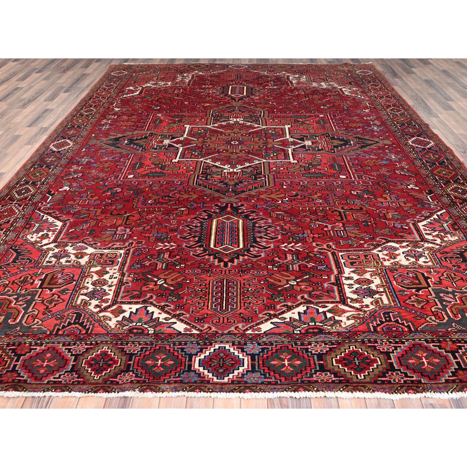 10'1"x12'9" Desire Red, Hand Knotted, Semi Antique Bohemian Persian Heriz, Good Condition, Distressed Look, Pure Wool, Sides and Ends Professionally Secured, Cleaned, Oriental Rug Sh85382