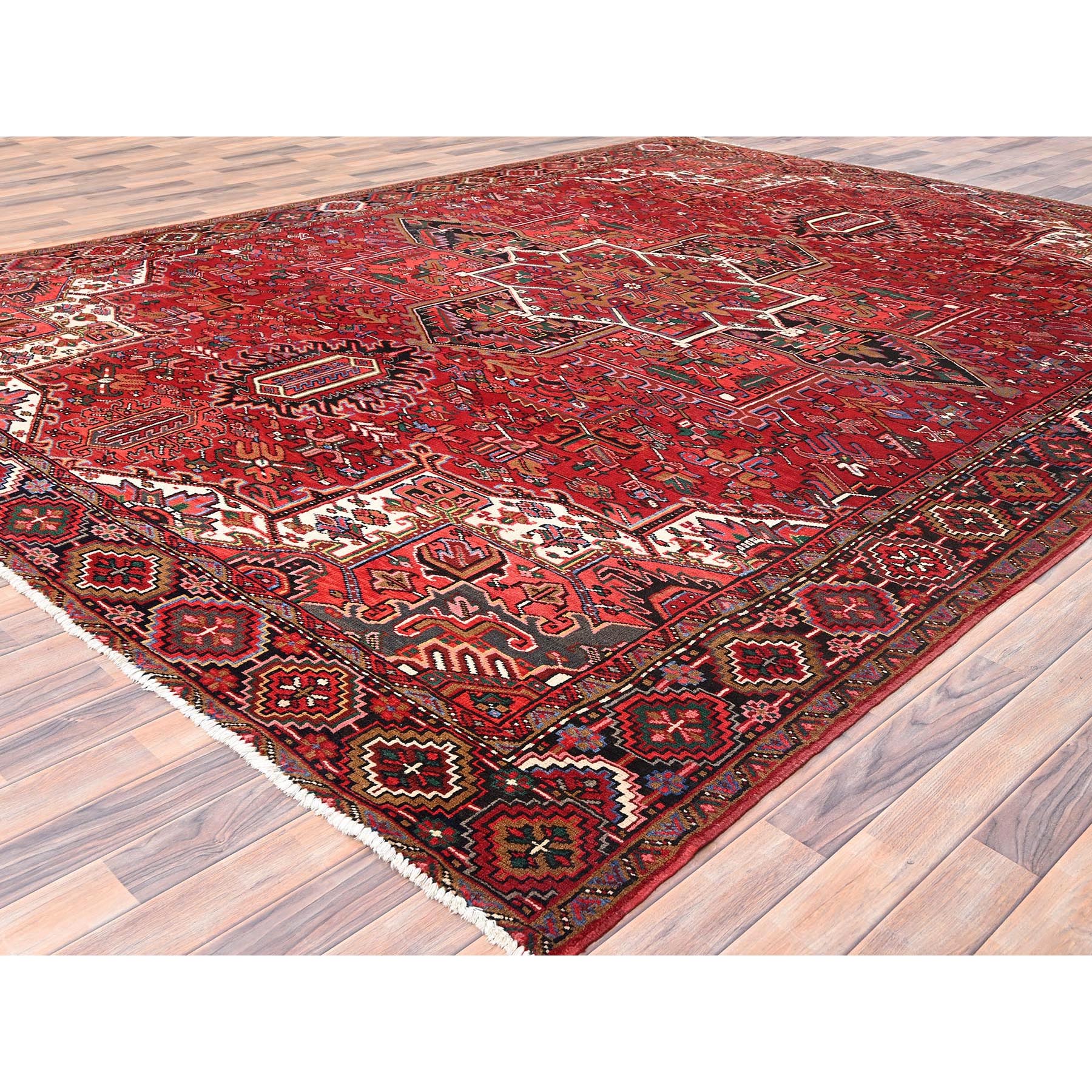 10'1"x12'9" Desire Red, Hand Knotted, Semi Antique Bohemian Persian Heriz, Good Condition, Distressed Look, Pure Wool, Sides and Ends Professionally Secured, Cleaned, Oriental Rug Sh85382