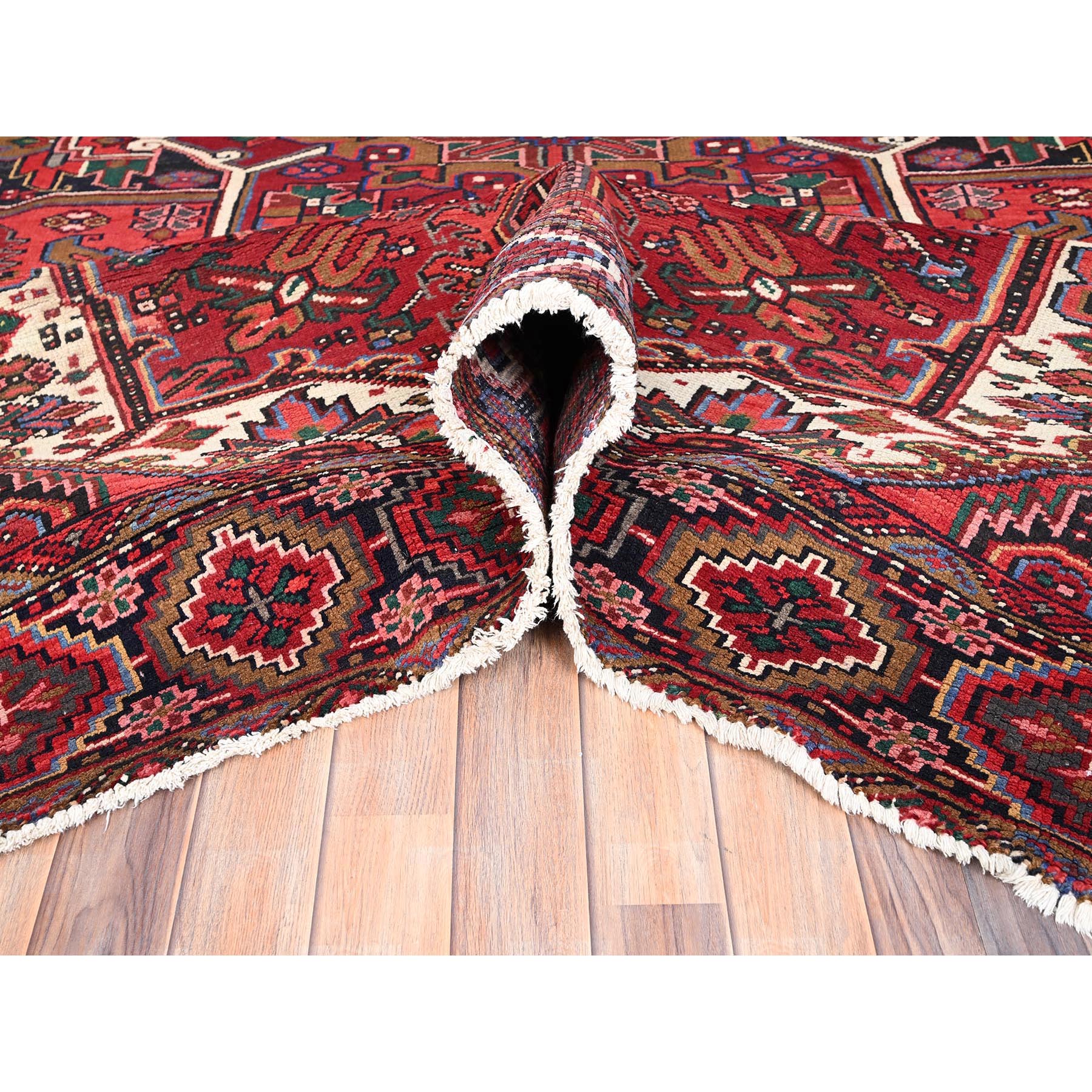 10'1"x12'9" Desire Red, Hand Knotted, Semi Antique Bohemian Persian Heriz, Good Condition, Distressed Look, Pure Wool, Sides and Ends Professionally Secured, Cleaned, Oriental Rug Sh85382
