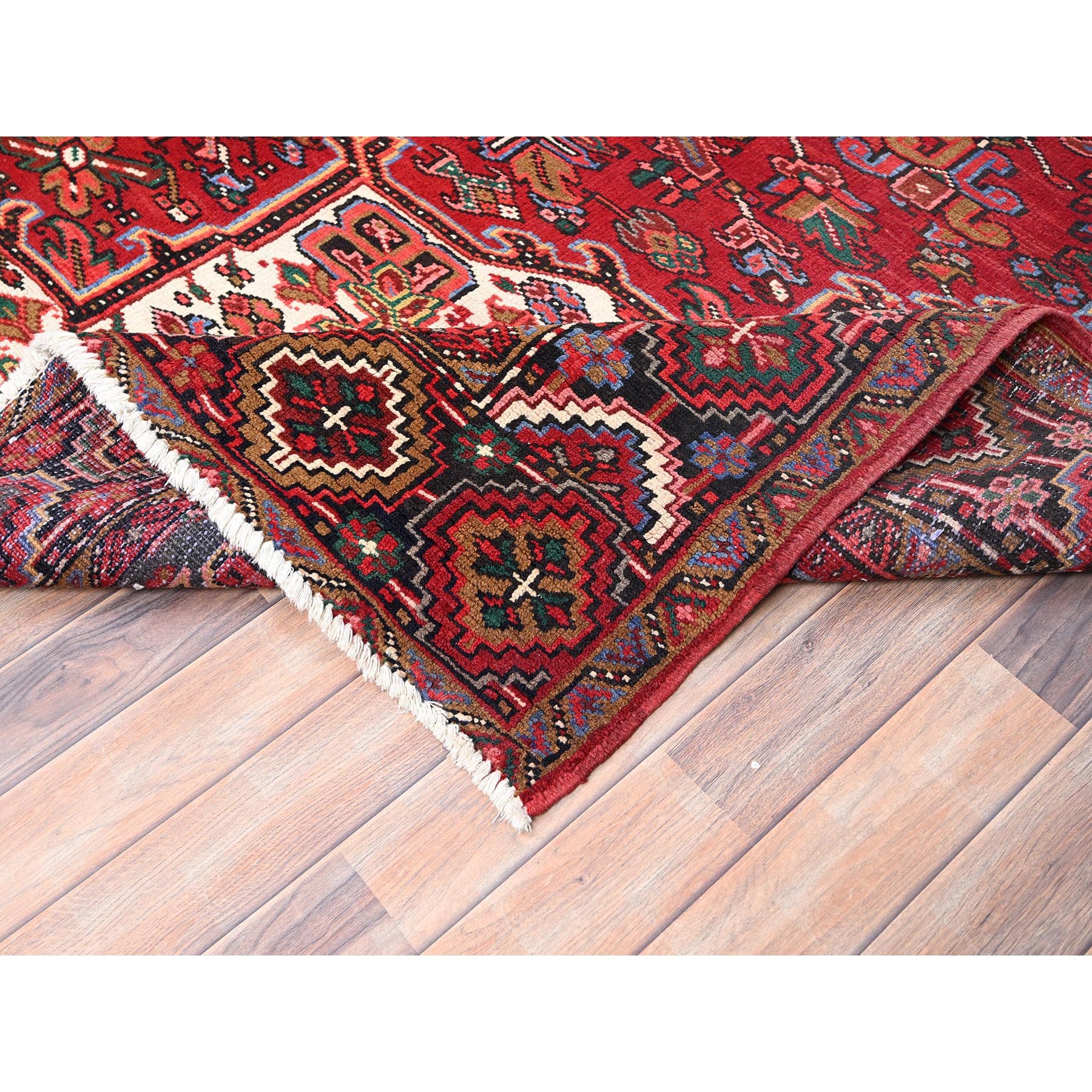 10'1"x12'9" Desire Red, Hand Knotted, Semi Antique Bohemian Persian Heriz, Good Condition, Distressed Look, Pure Wool, Sides and Ends Professionally Secured, Cleaned, Oriental Rug Sh85382