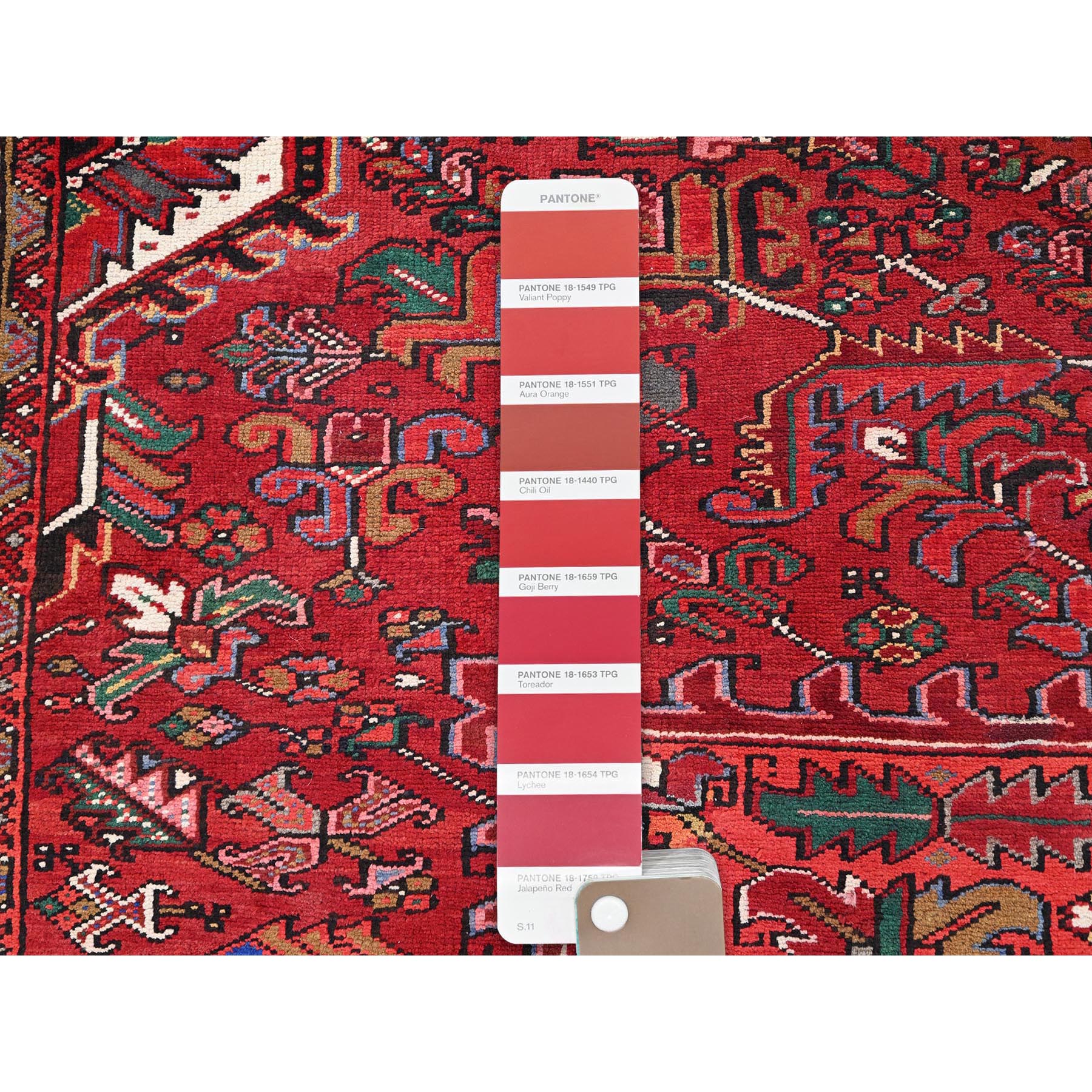 10'1"x12'9" Desire Red, Hand Knotted, Semi Antique Bohemian Persian Heriz, Good Condition, Distressed Look, Pure Wool, Sides and Ends Professionally Secured, Cleaned, Oriental Rug Sh85382