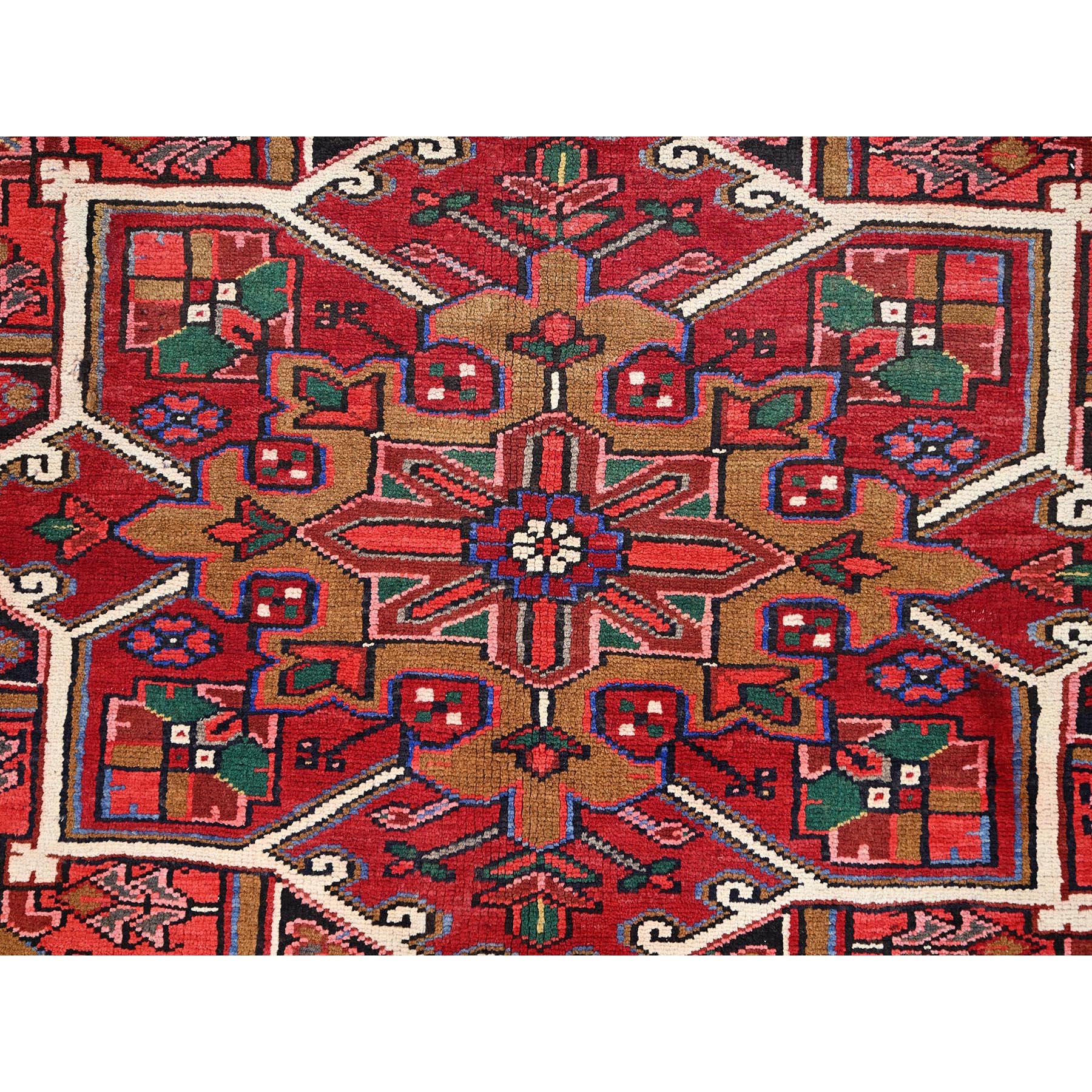 10'1"x12'9" Desire Red, Hand Knotted, Semi Antique Bohemian Persian Heriz, Good Condition, Distressed Look, Pure Wool, Sides and Ends Professionally Secured, Cleaned, Oriental Rug Sh85382