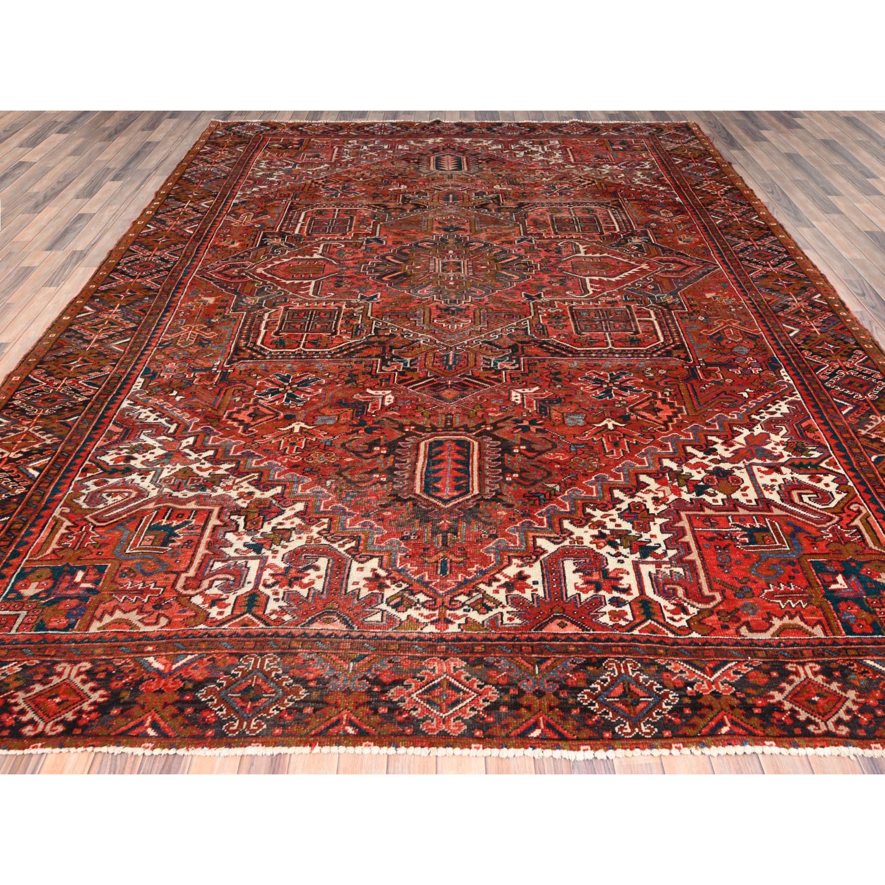10'x12'5" Chili Red, Evenly Worn, Pure Wool, Hand Knotted, Vintage Bohemian Persian Heriz, Good Condition, Distressed Feel, Sides and Ends Professionally Secured, Cleaned, Oriental Rug Sh85384