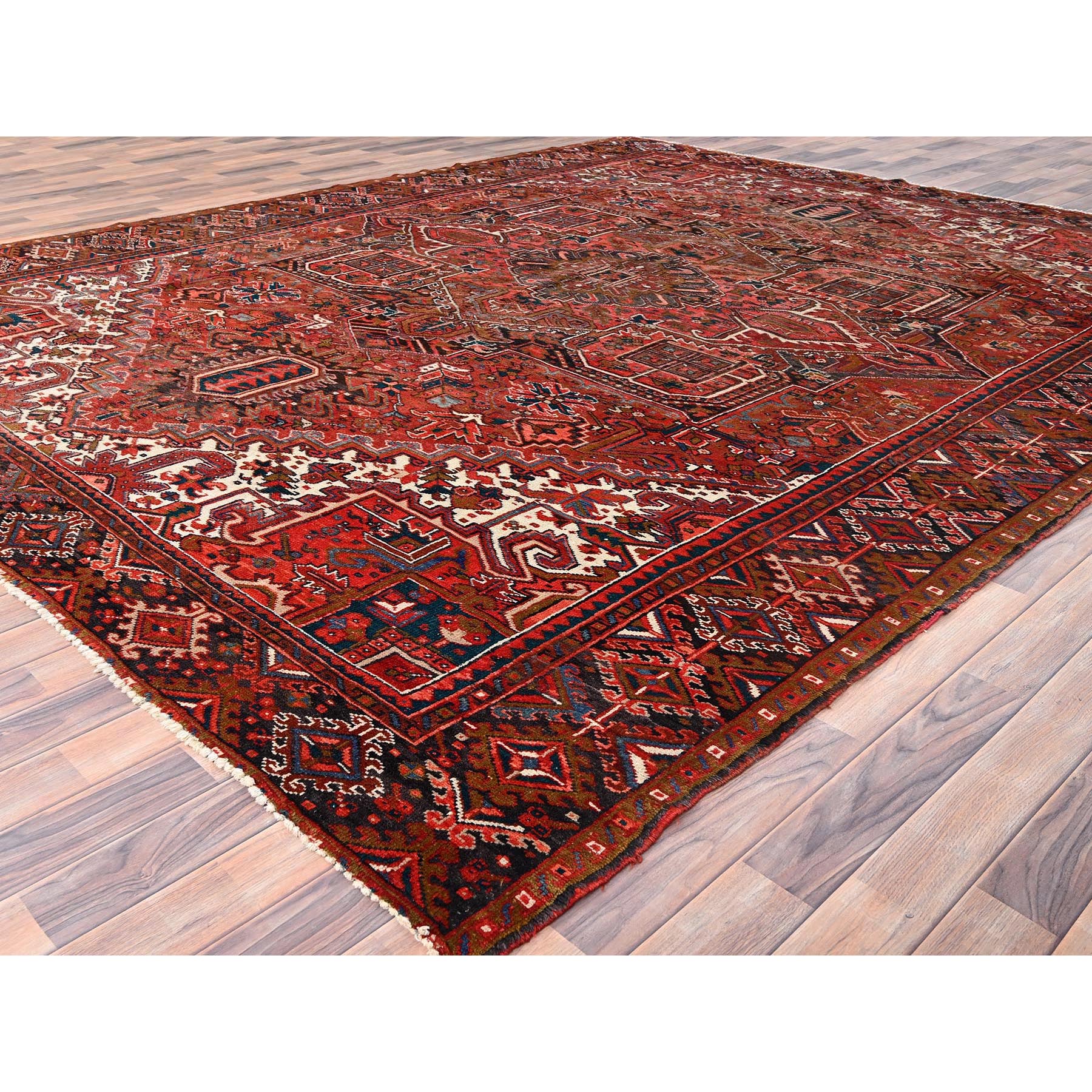 10'x12'5" Chili Red, Evenly Worn, Pure Wool, Hand Knotted, Vintage Bohemian Persian Heriz, Good Condition, Distressed Feel, Sides and Ends Professionally Secured, Cleaned, Oriental Rug Sh85384