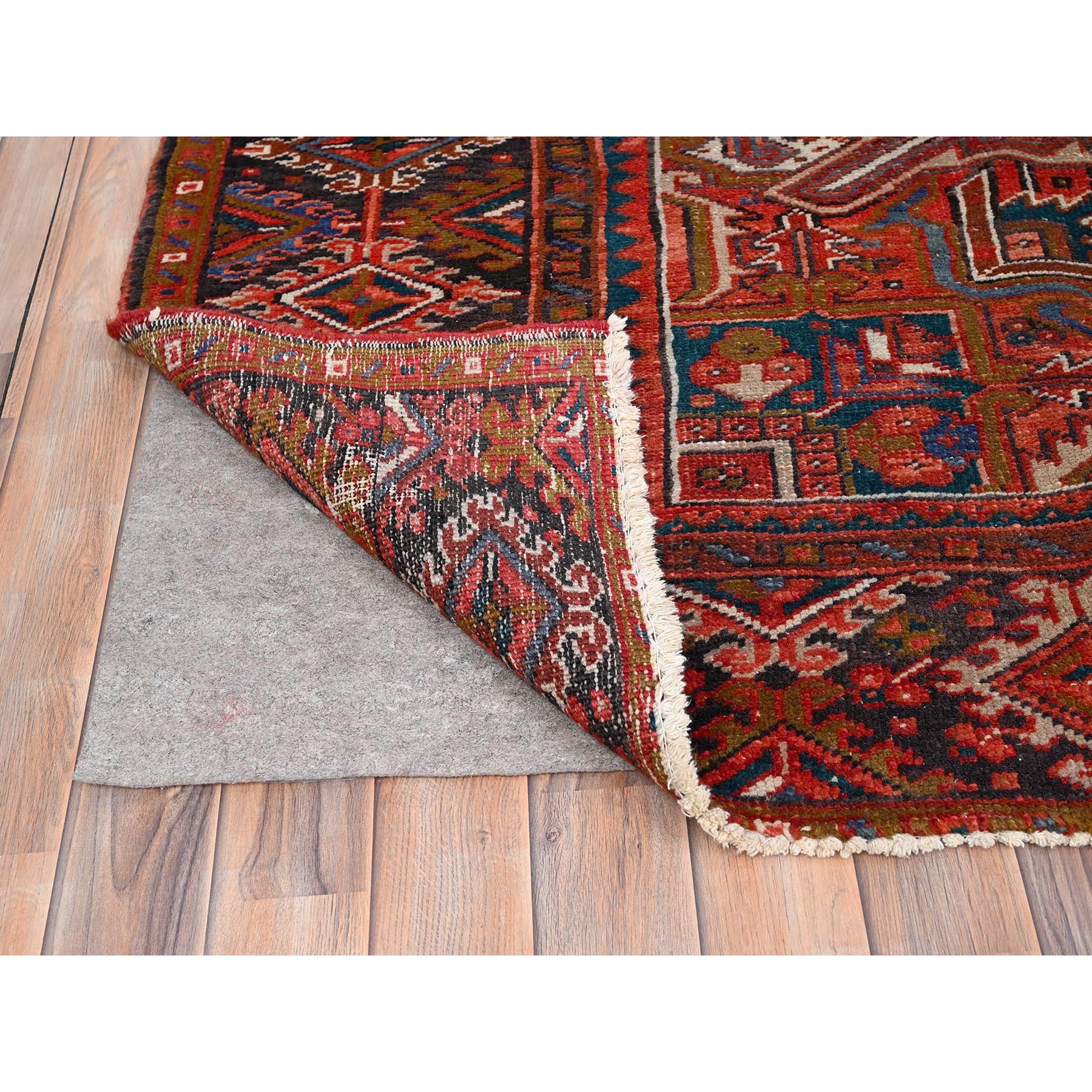 10'x12'5" Chili Red, Evenly Worn, Pure Wool, Hand Knotted, Vintage Bohemian Persian Heriz, Good Condition, Distressed Feel, Sides and Ends Professionally Secured, Cleaned, Oriental Rug Sh85384