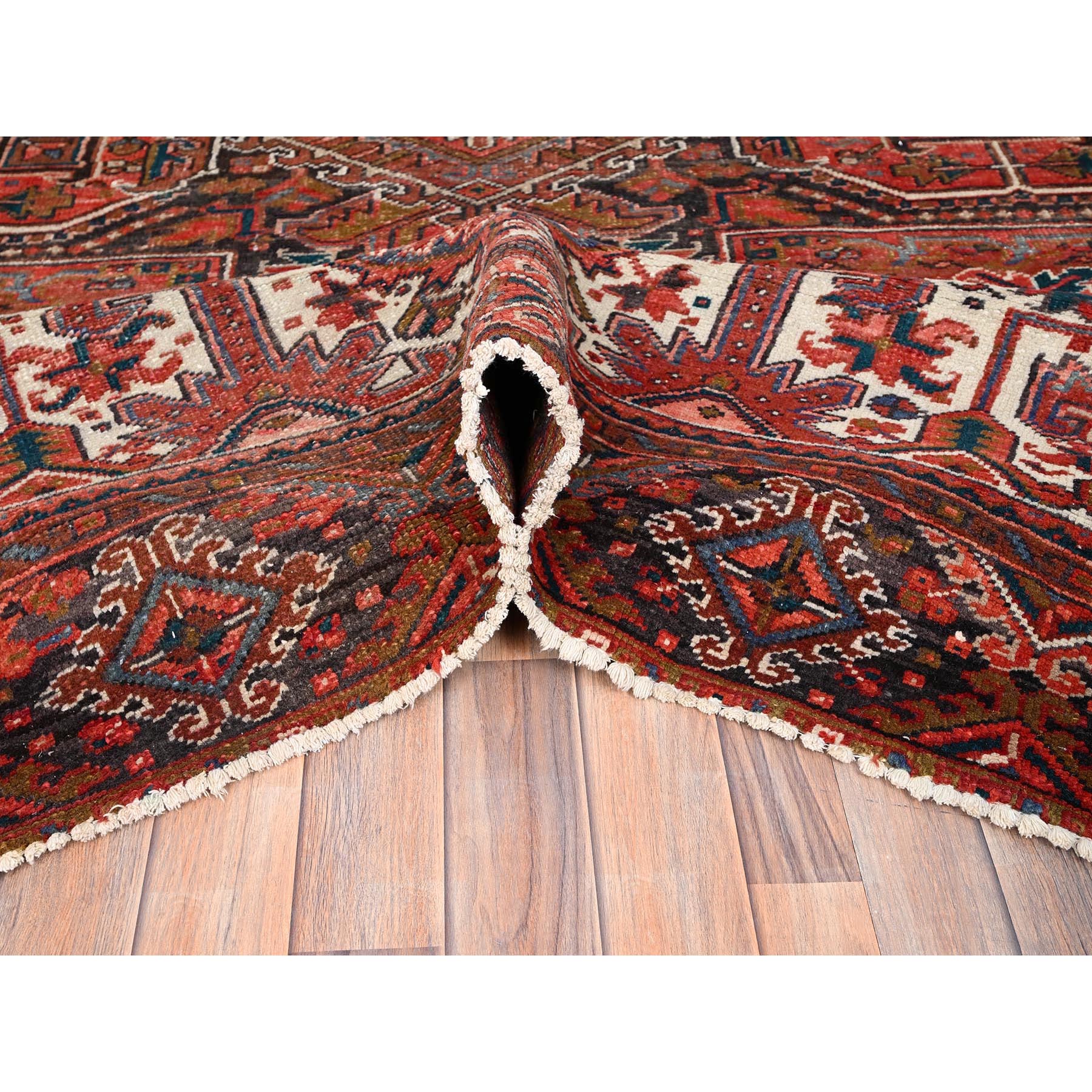 10'x12'5" Chili Red, Evenly Worn, Pure Wool, Hand Knotted, Vintage Bohemian Persian Heriz, Good Condition, Distressed Feel, Sides and Ends Professionally Secured, Cleaned, Oriental Rug Sh85384