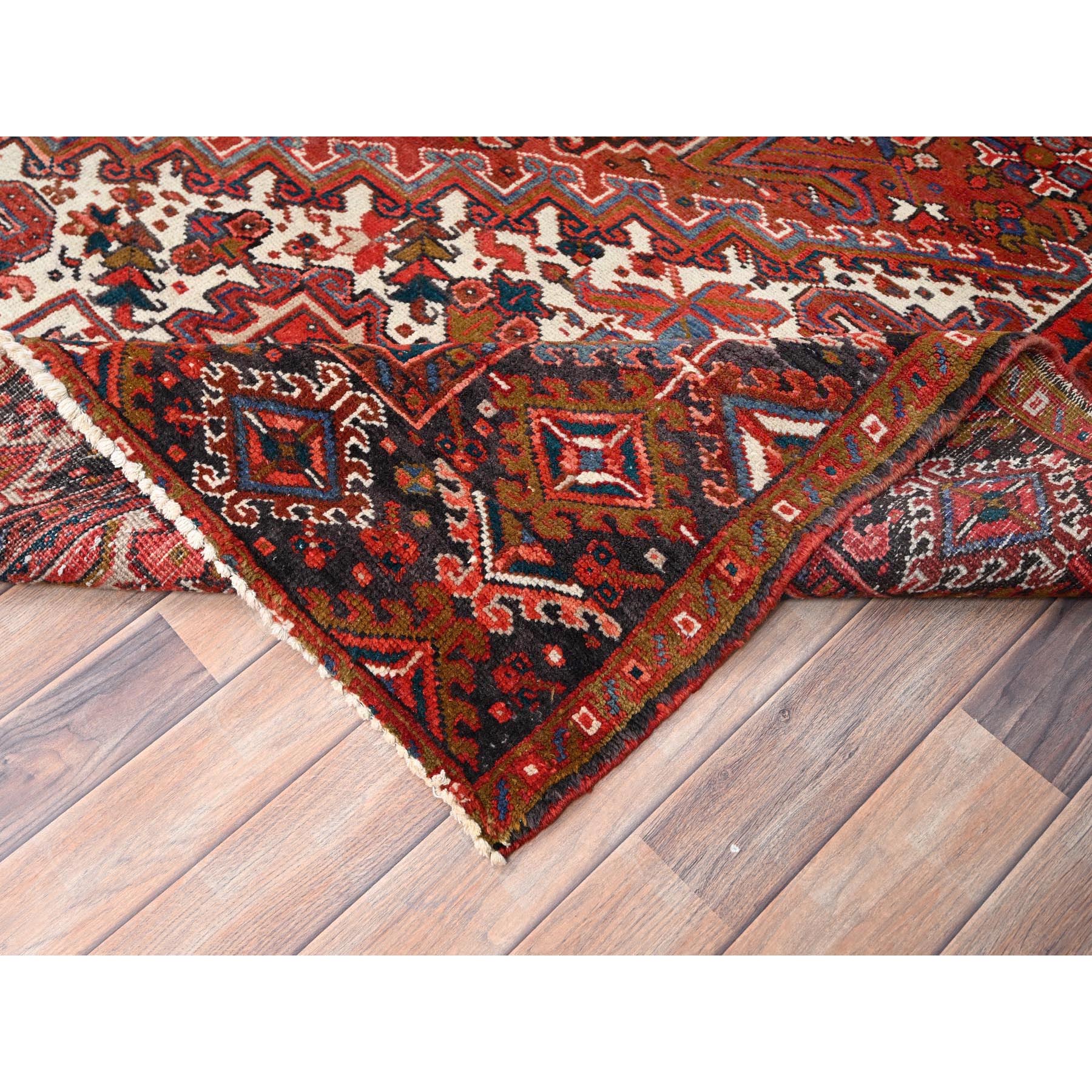 10'x12'5" Chili Red, Evenly Worn, Pure Wool, Hand Knotted, Vintage Bohemian Persian Heriz, Good Condition, Distressed Feel, Sides and Ends Professionally Secured, Cleaned, Oriental Rug Sh85384