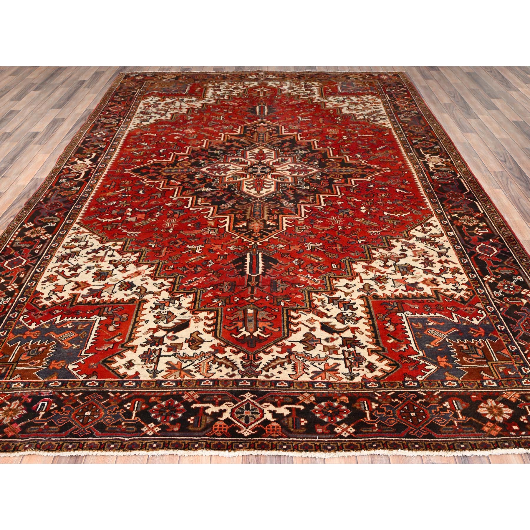 8'3"x10'10" Chili Red with Ivory Corners, Rustic Feel, Pure Wool, Hand Knotted, Semi Antique Bohemian Persian Heriz, Good Condition, Sides and Ends Professionally Secured, Cleaned, Oriental Rug Sh85385