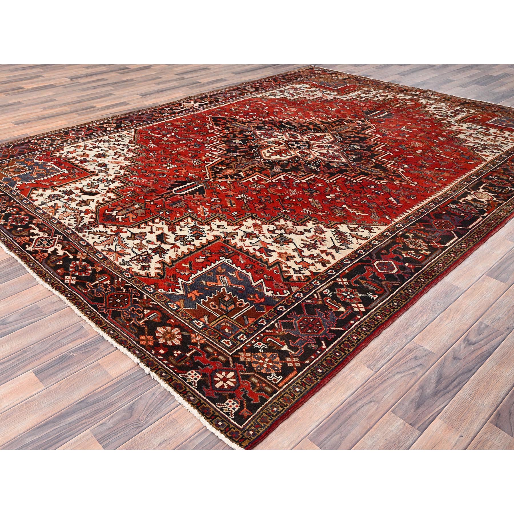 8'3"x10'10" Chili Red with Ivory Corners, Rustic Feel, Pure Wool, Hand Knotted, Semi Antique Bohemian Persian Heriz, Good Condition, Sides and Ends Professionally Secured, Cleaned, Oriental Rug Sh85385