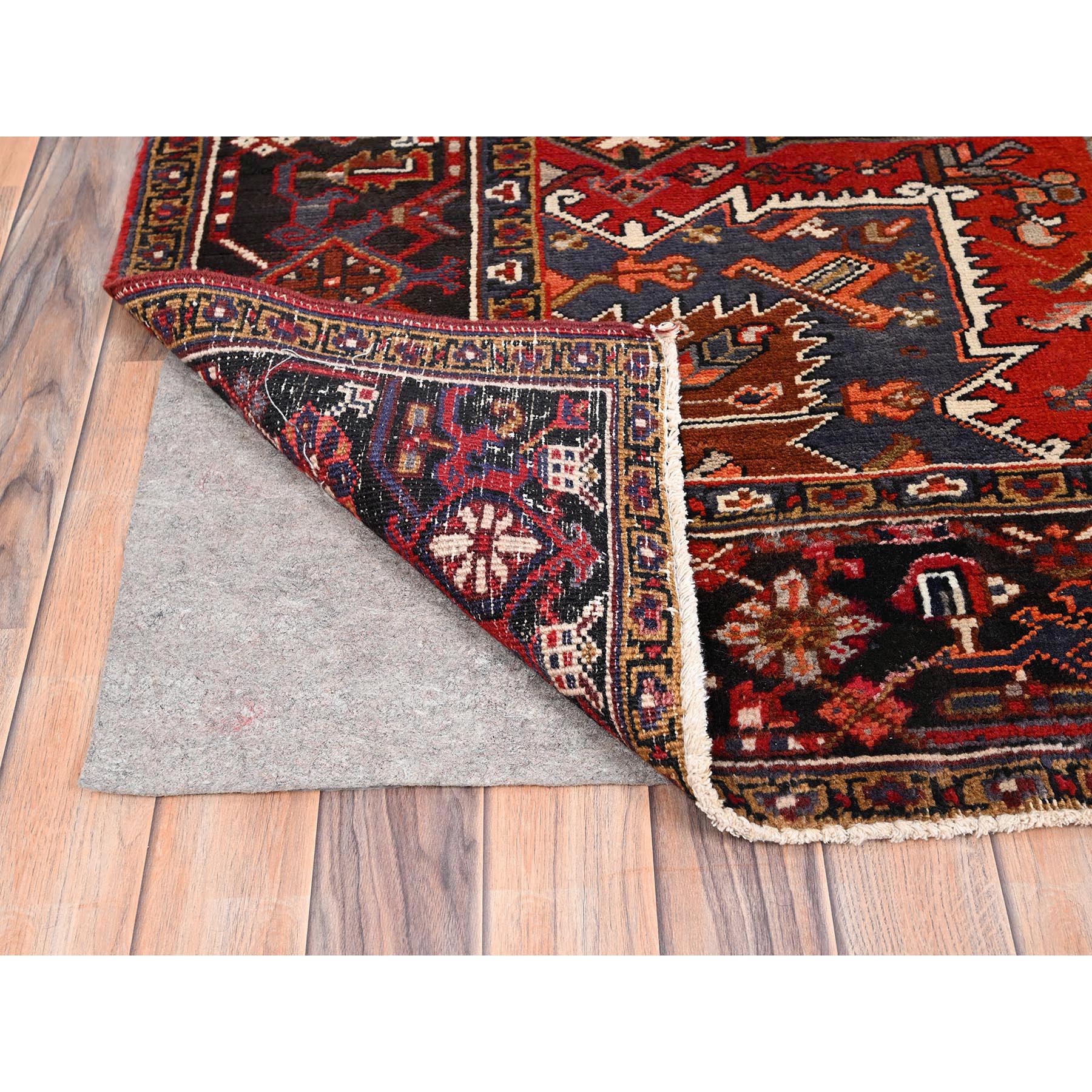 8'3"x10'10" Chili Red with Ivory Corners, Rustic Feel, Pure Wool, Hand Knotted, Semi Antique Bohemian Persian Heriz, Good Condition, Sides and Ends Professionally Secured, Cleaned, Oriental Rug Sh85385