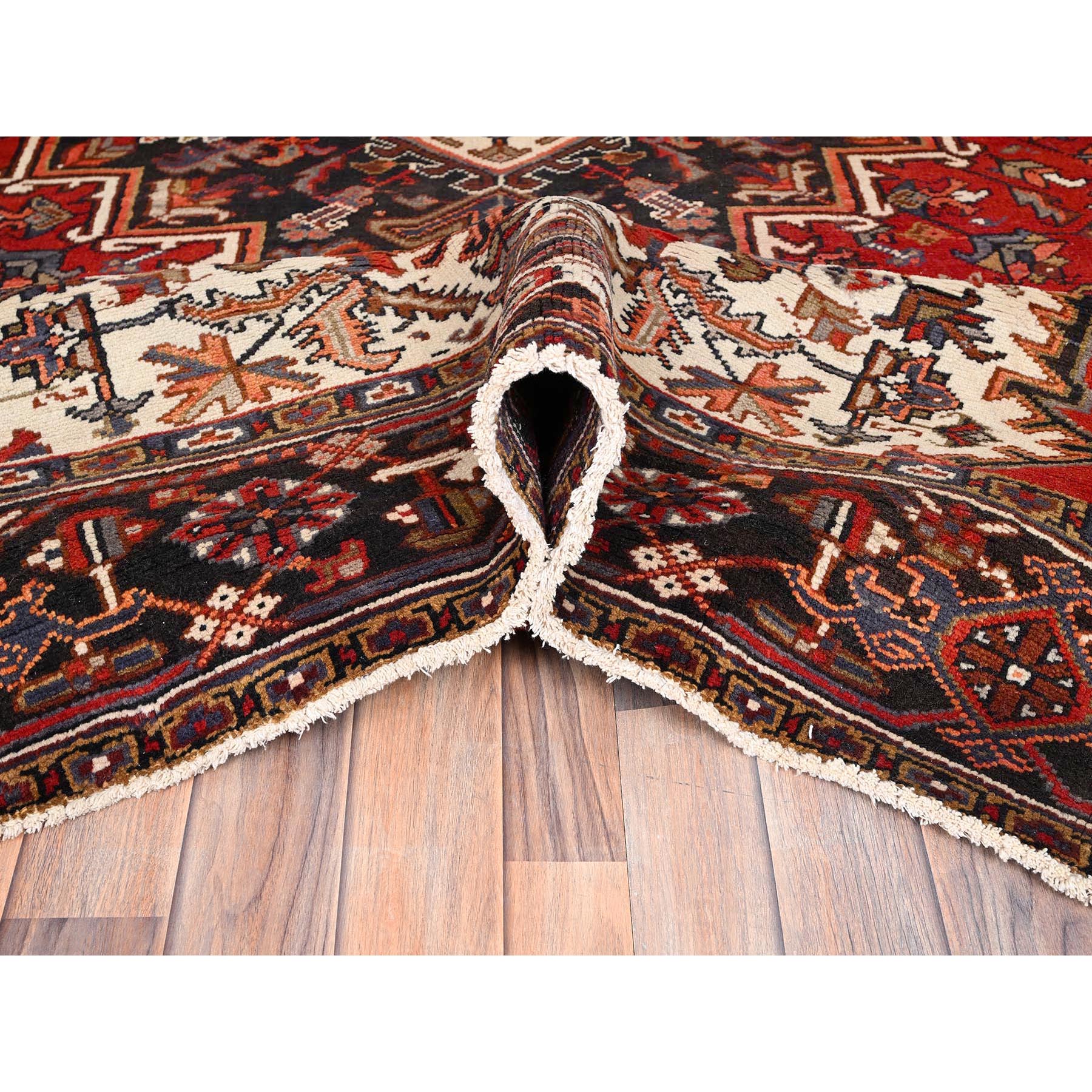 8'3"x10'10" Chili Red with Ivory Corners, Rustic Feel, Pure Wool, Hand Knotted, Semi Antique Bohemian Persian Heriz, Good Condition, Sides and Ends Professionally Secured, Cleaned, Oriental Rug Sh85385