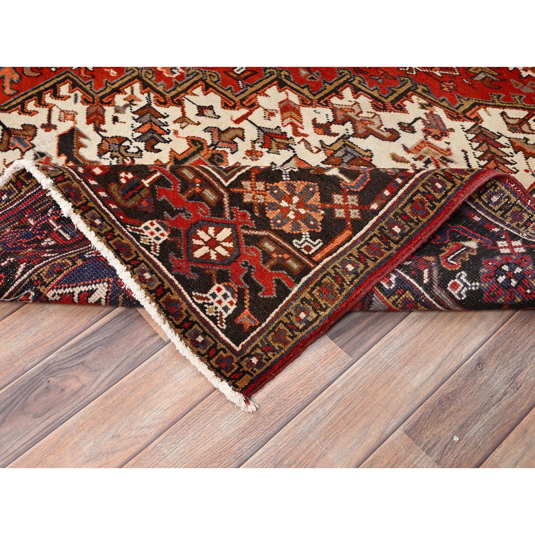 8'3"x10'10" Chili Red with Ivory Corners, Rustic Feel, Pure Wool, Hand Knotted, Semi Antique Bohemian Persian Heriz, Good Condition, Sides and Ends Professionally Secured, Cleaned, Oriental Rug Sh85385
