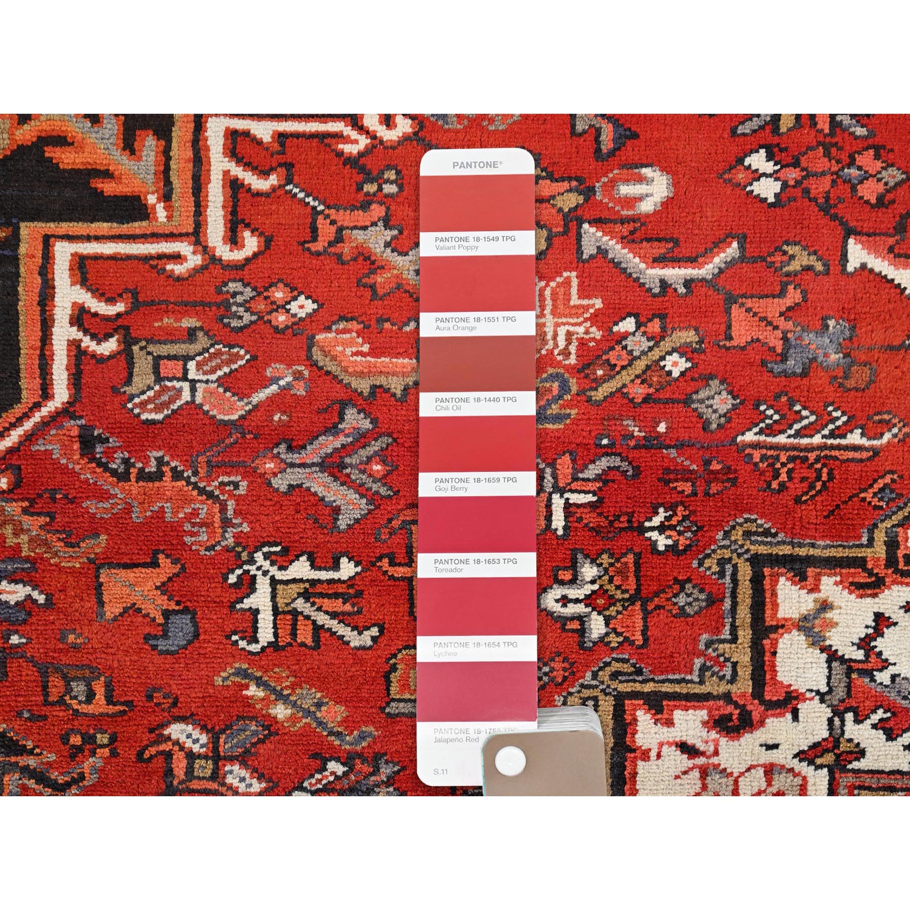 8'3"x10'10" Chili Red with Ivory Corners, Rustic Feel, Pure Wool, Hand Knotted, Semi Antique Bohemian Persian Heriz, Good Condition, Sides and Ends Professionally Secured, Cleaned, Oriental Rug Sh85385
