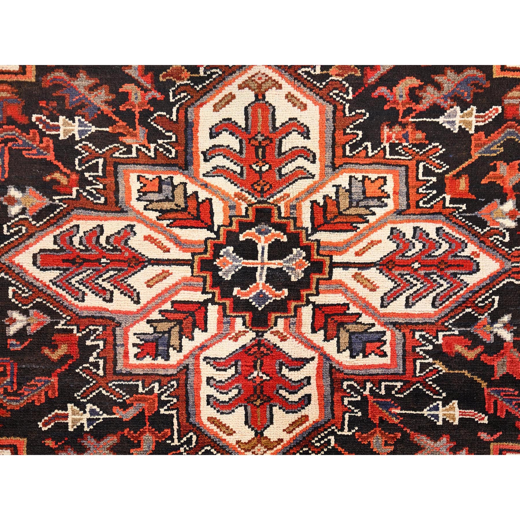 8'3"x10'10" Chili Red with Ivory Corners, Rustic Feel, Pure Wool, Hand Knotted, Semi Antique Bohemian Persian Heriz, Good Condition, Sides and Ends Professionally Secured, Cleaned, Oriental Rug Sh85385