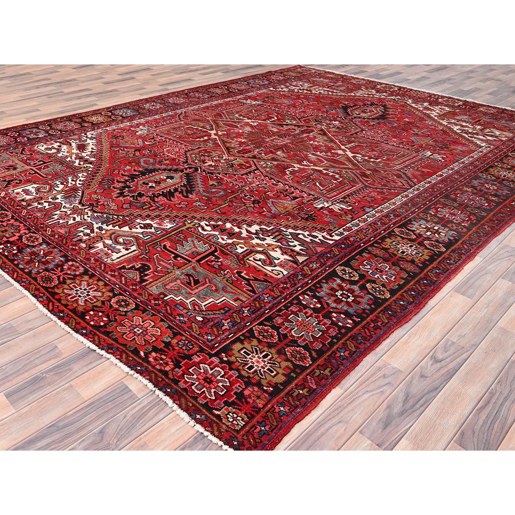 9'9"x12'6" Desire Red, Distressed Look, Pure Wool, Hand Knotted, Vintage Bohemian, Persian Heriz, Good Condition, Sides and Ends Professionally Secured, Cleaned, Oriental Rug Sh85390