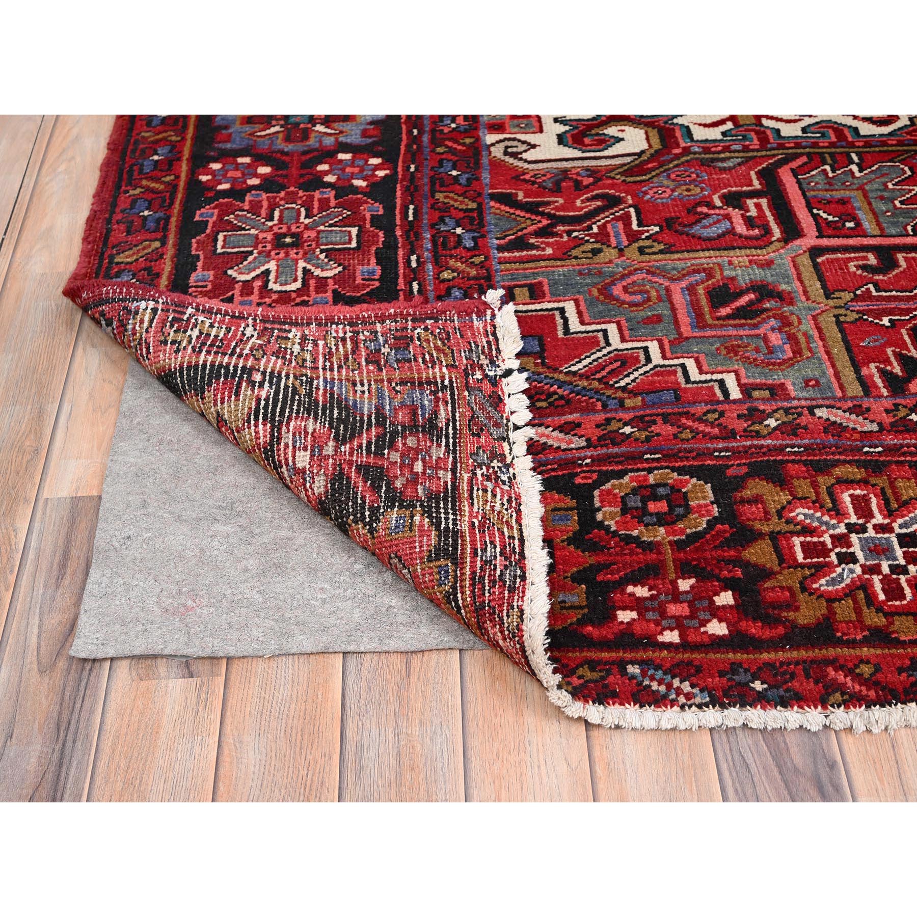 9'9"x12'6" Desire Red, Distressed Look, Pure Wool, Hand Knotted, Vintage Bohemian, Persian Heriz, Good Condition, Sides and Ends Professionally Secured, Cleaned, Oriental Rug Sh85390