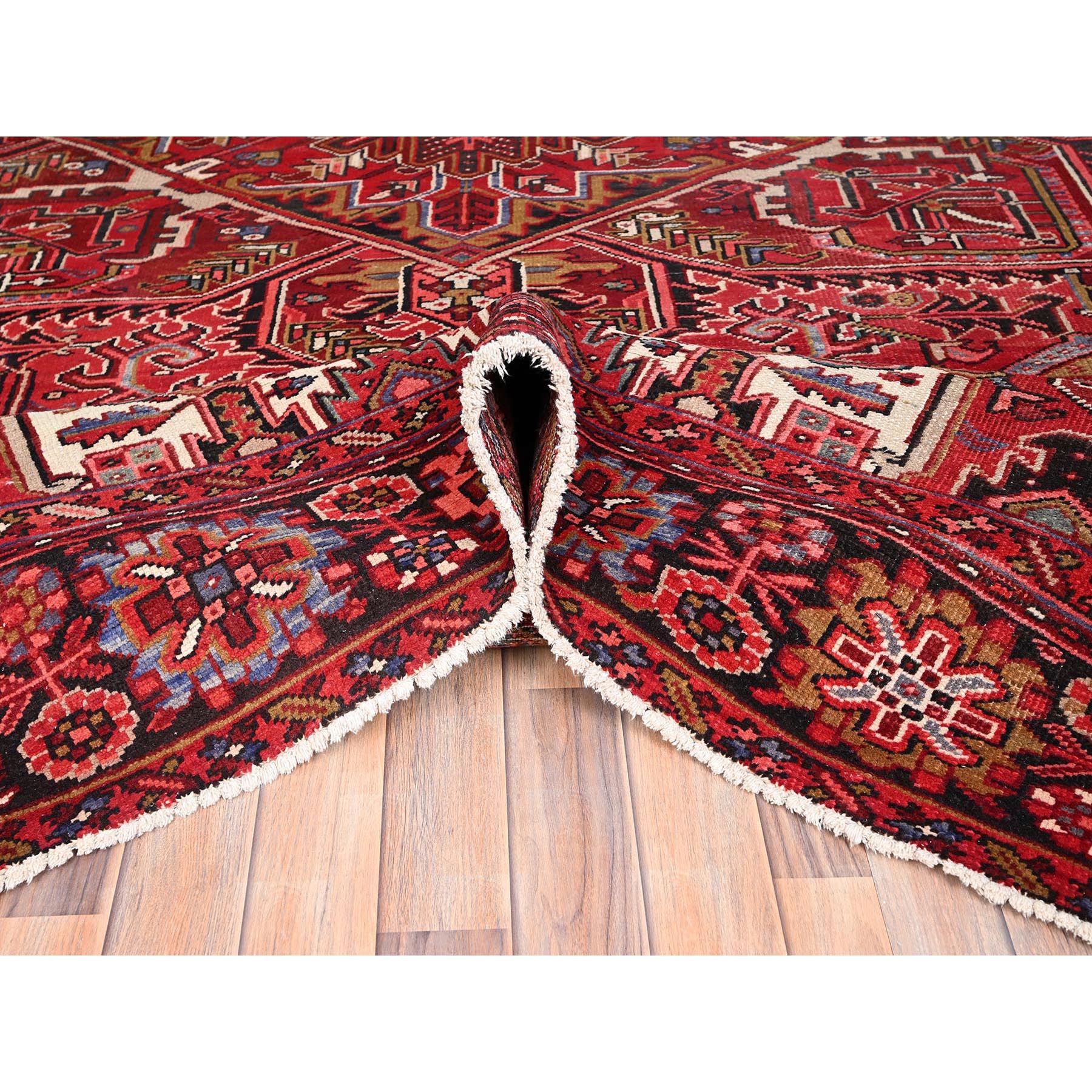 9'9"x12'6" Desire Red, Distressed Look, Pure Wool, Hand Knotted, Vintage Bohemian, Persian Heriz, Good Condition, Sides and Ends Professionally Secured, Cleaned, Oriental Rug Sh85390