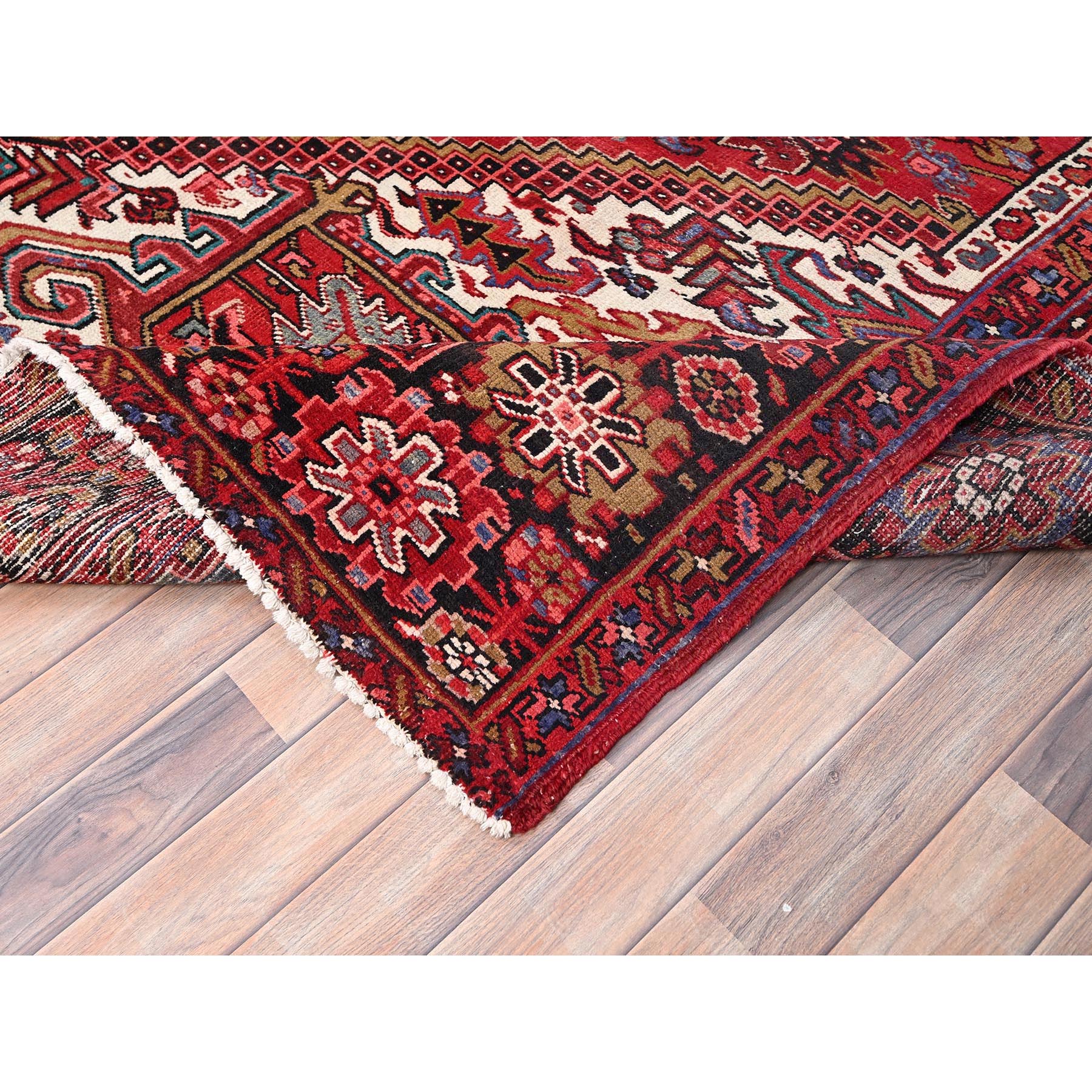 9'9"x12'6" Desire Red, Distressed Look, Pure Wool, Hand Knotted, Vintage Bohemian, Persian Heriz, Good Condition, Sides and Ends Professionally Secured, Cleaned, Oriental Rug Sh85390