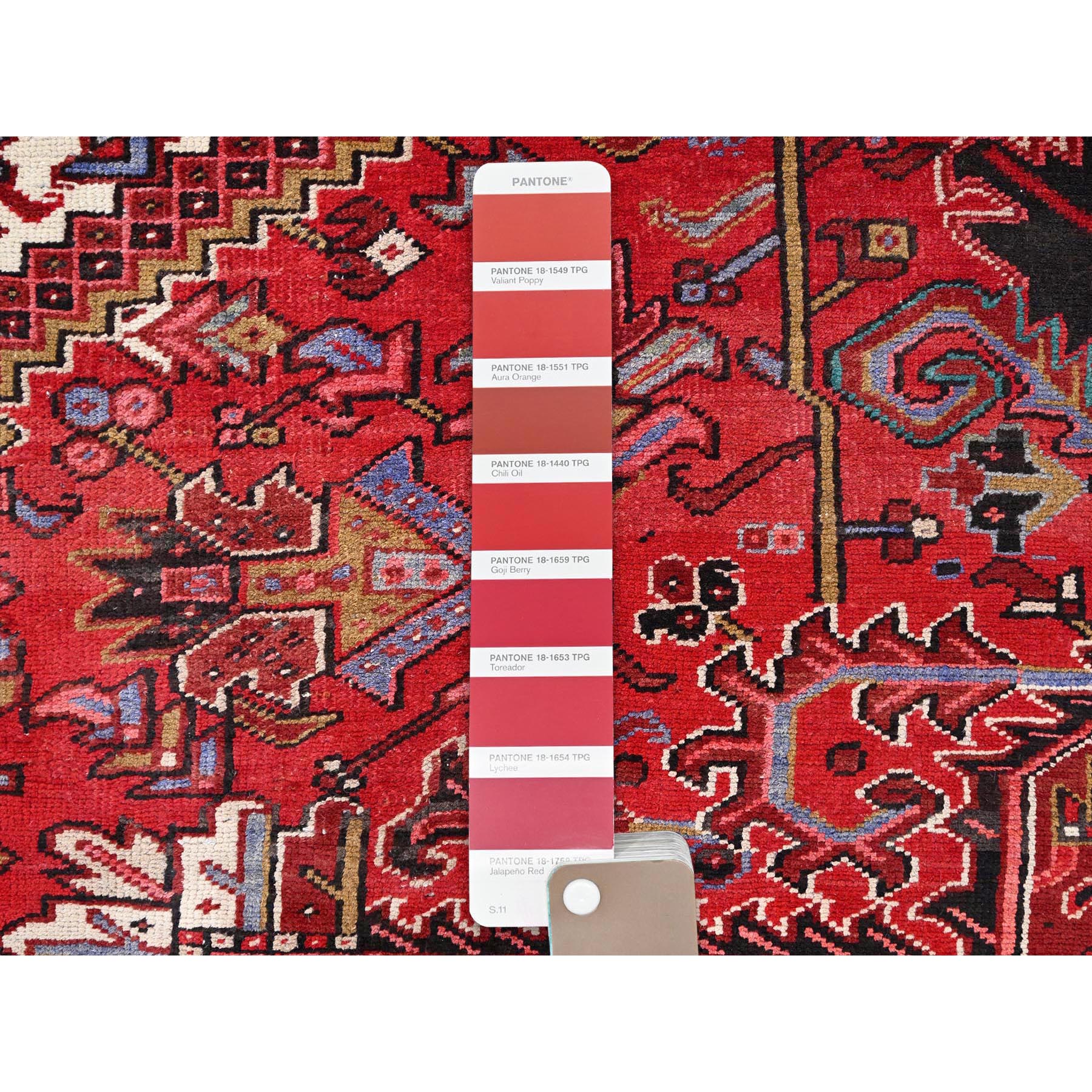 9'9"x12'6" Desire Red, Distressed Look, Pure Wool, Hand Knotted, Vintage Bohemian, Persian Heriz, Good Condition, Sides and Ends Professionally Secured, Cleaned, Oriental Rug Sh85390