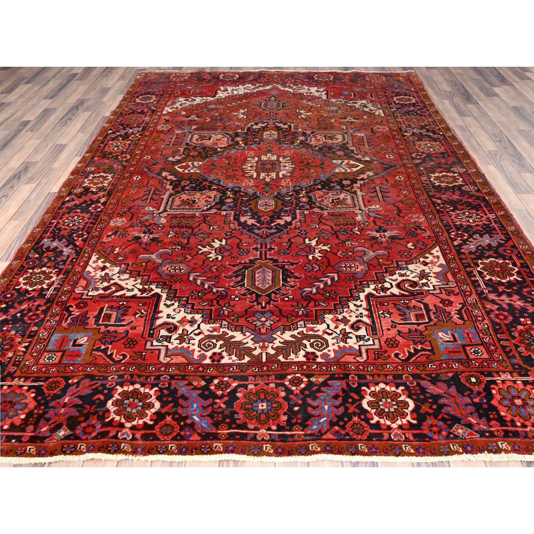 7'5"x10'10" Prismatic Red, Pure Wool, Hand Knotted, Semi Antique Bohemian Persian Heriz, Good Condition, Rustic Look, Sides and Ends Professionally Secured, Cleaned, Oriental Rug Sh85395