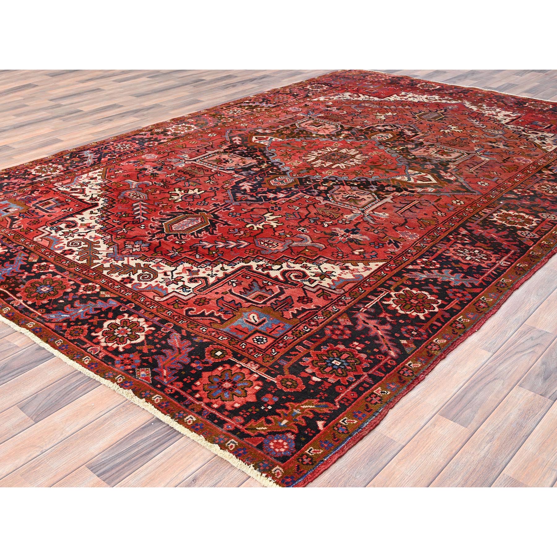 7'5"x10'10" Prismatic Red, Pure Wool, Hand Knotted, Semi Antique Bohemian Persian Heriz, Good Condition, Rustic Look, Sides and Ends Professionally Secured, Cleaned, Oriental Rug Sh85395