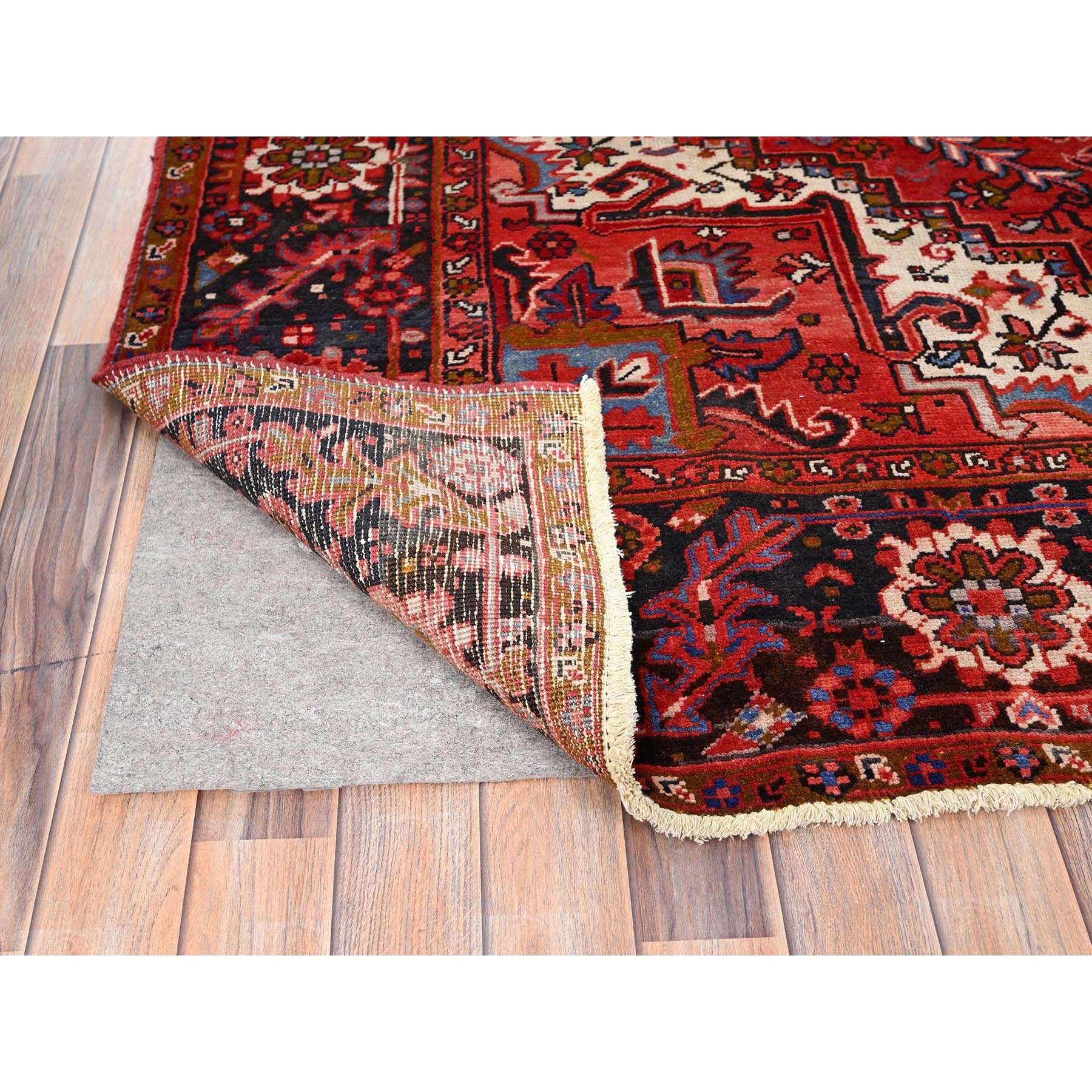 7'5"x10'10" Prismatic Red, Pure Wool, Hand Knotted, Semi Antique Bohemian Persian Heriz, Good Condition, Rustic Look, Sides and Ends Professionally Secured, Cleaned, Oriental Rug Sh85395
